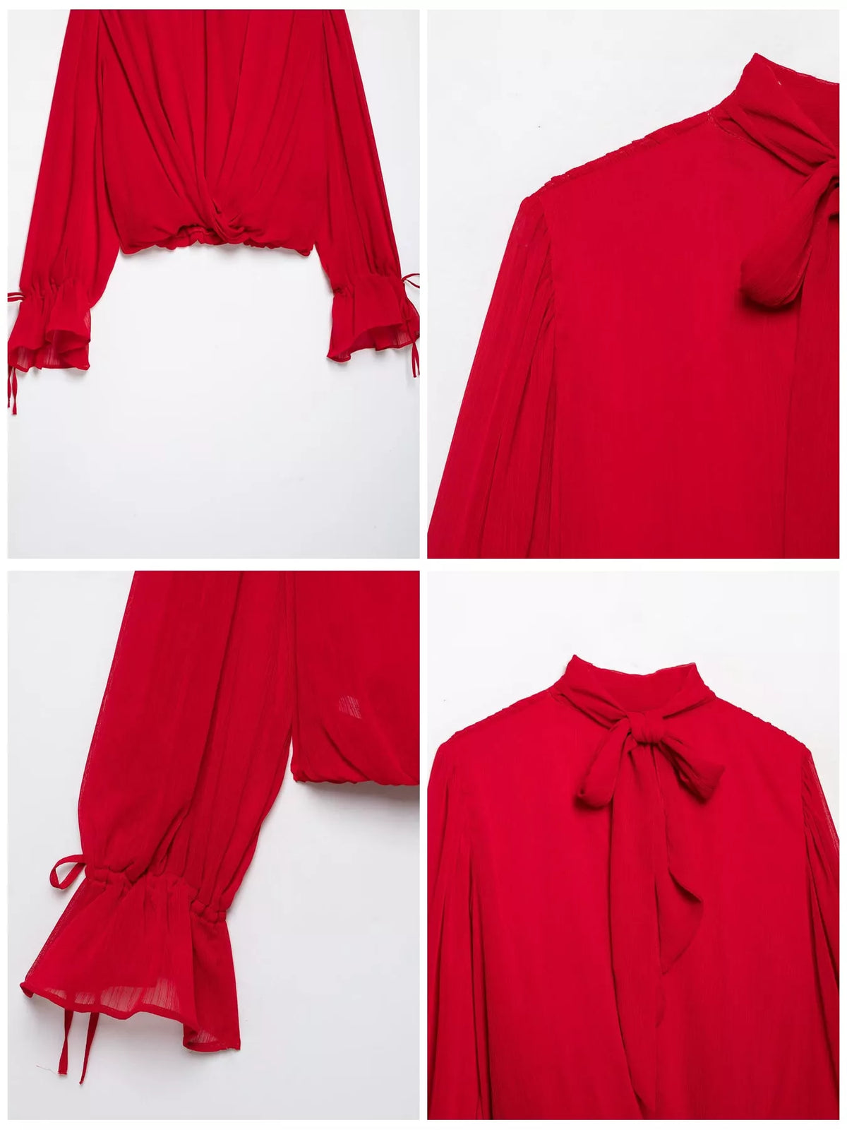 Red bow-tie neck flounce sleeve blouse