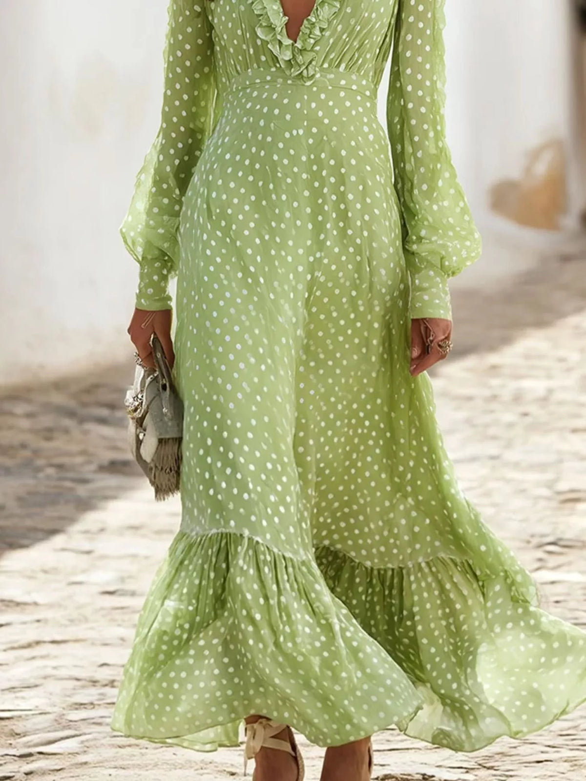 Polka-dot ruffle v-neck maxi dress