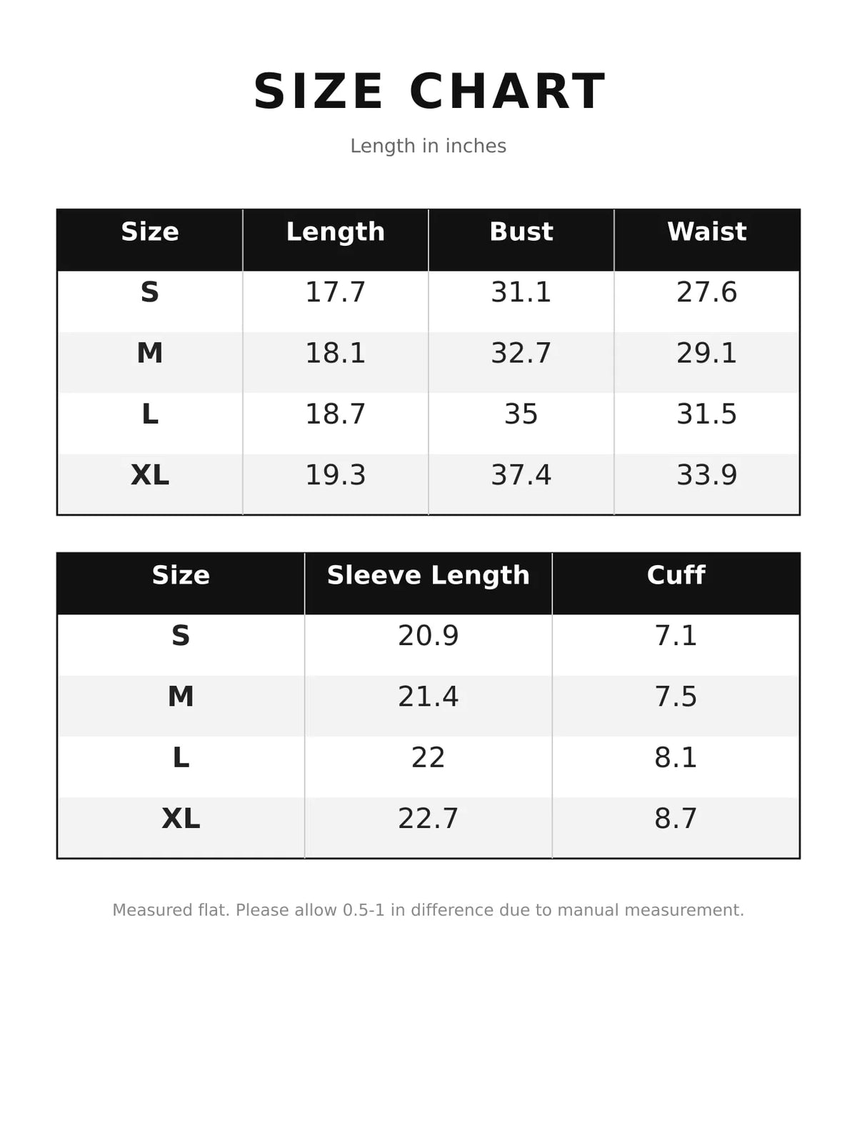 Size chart for choker-neck top