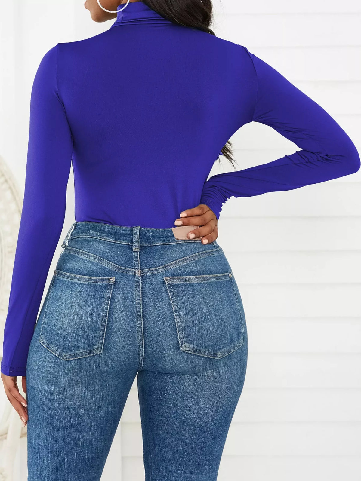Long Sleeve Turtleneck Slim-Fit Bodysuit, back view in blue