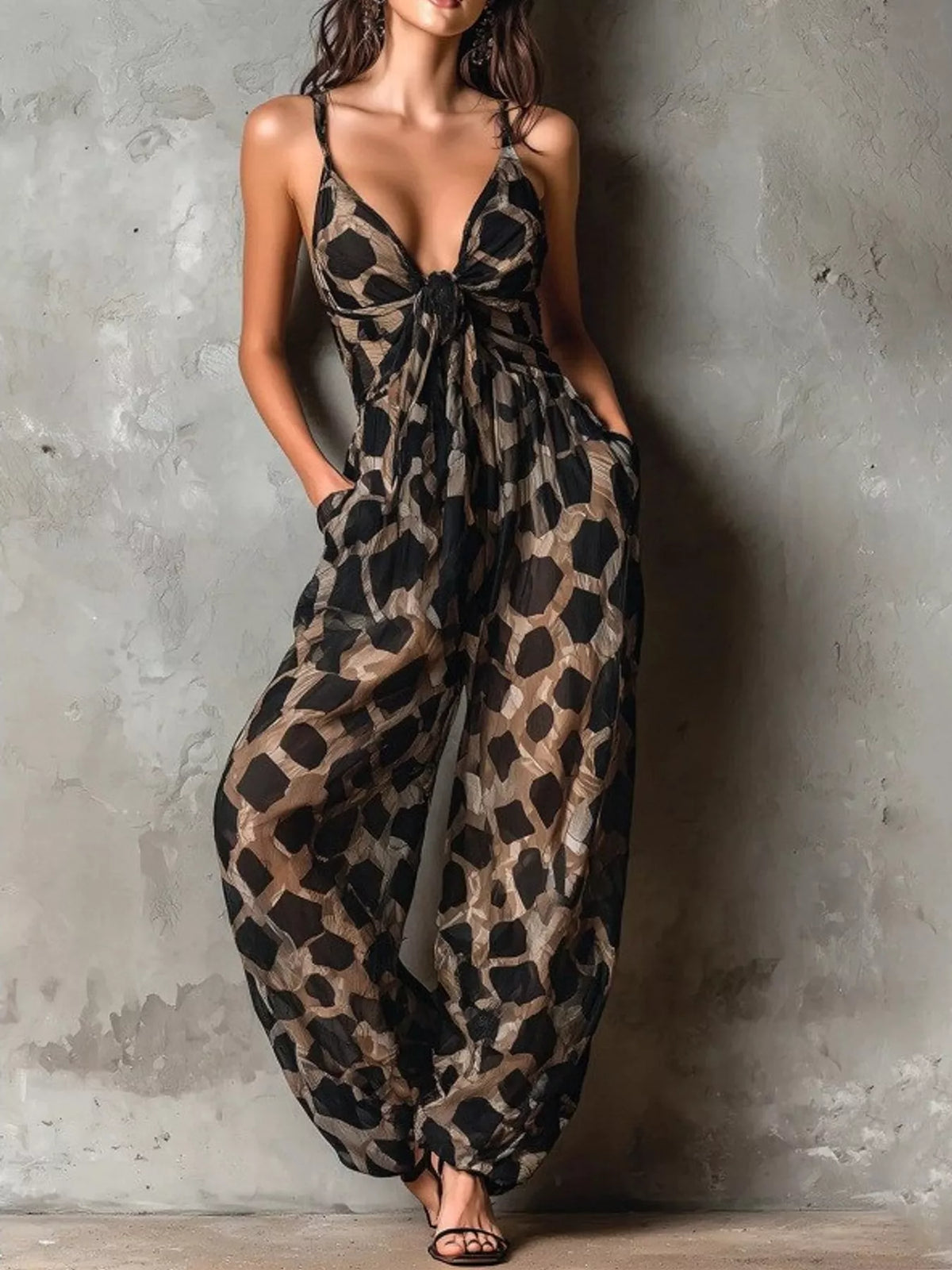 Tie-Knot Detail Geometric Print Wide-Leg Jumpsuit — front view