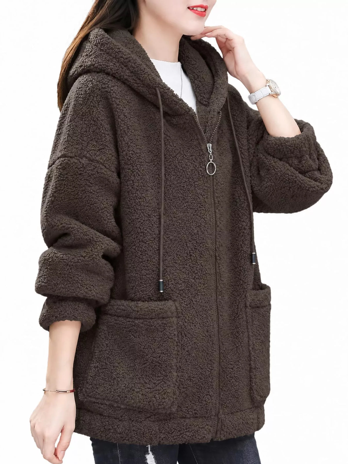 Coffee fleece zip-up hoodie with pockets