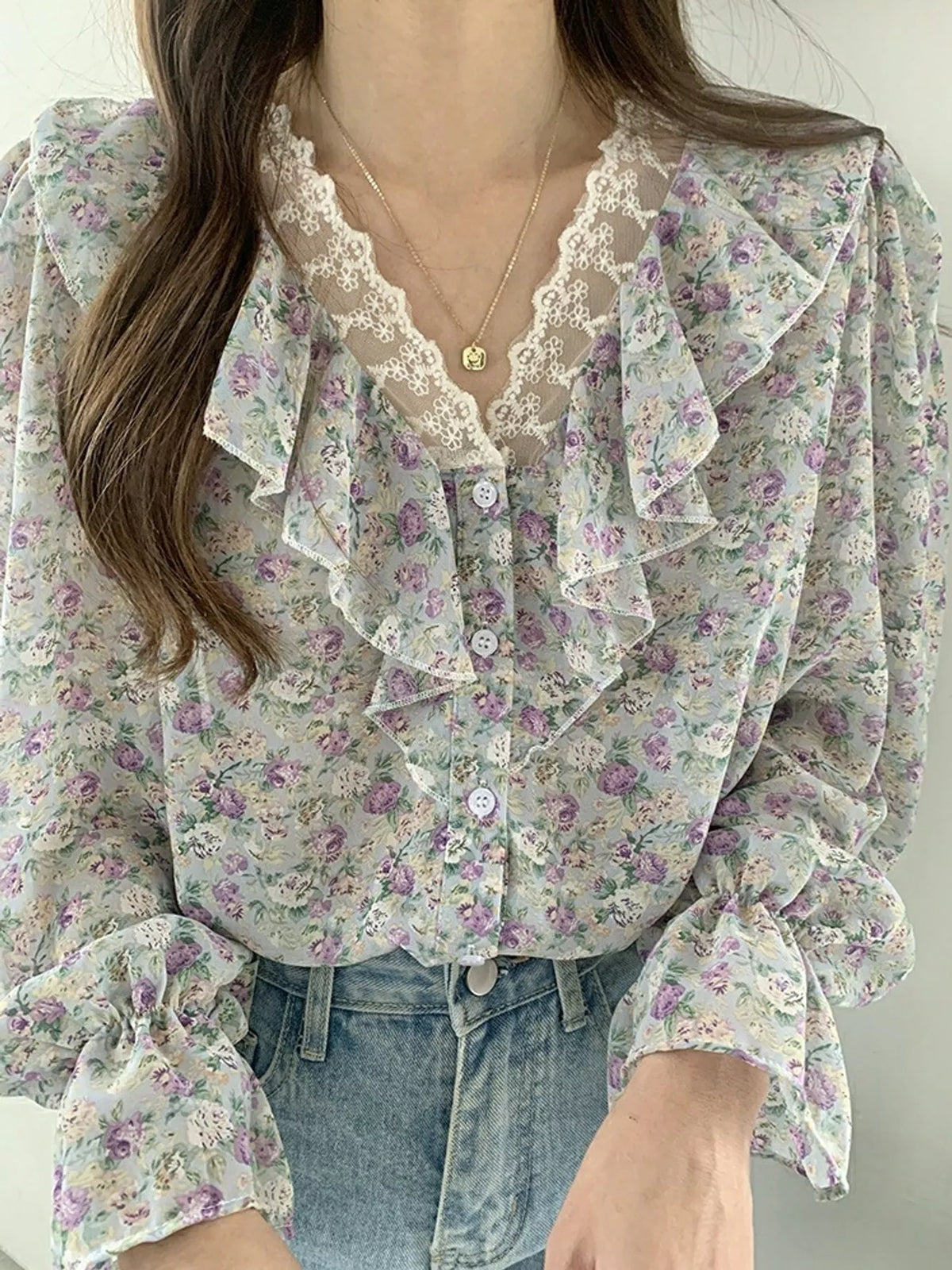 Floral Ruffle Lace Trim V-Neck Shirt — construction details