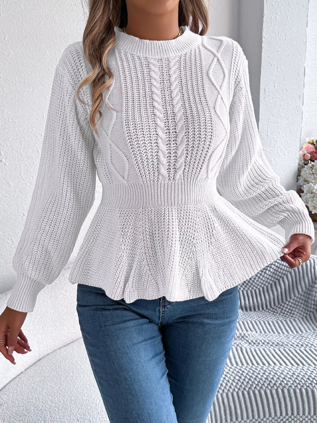 Cable Knit Peplum Sweater in white, front view