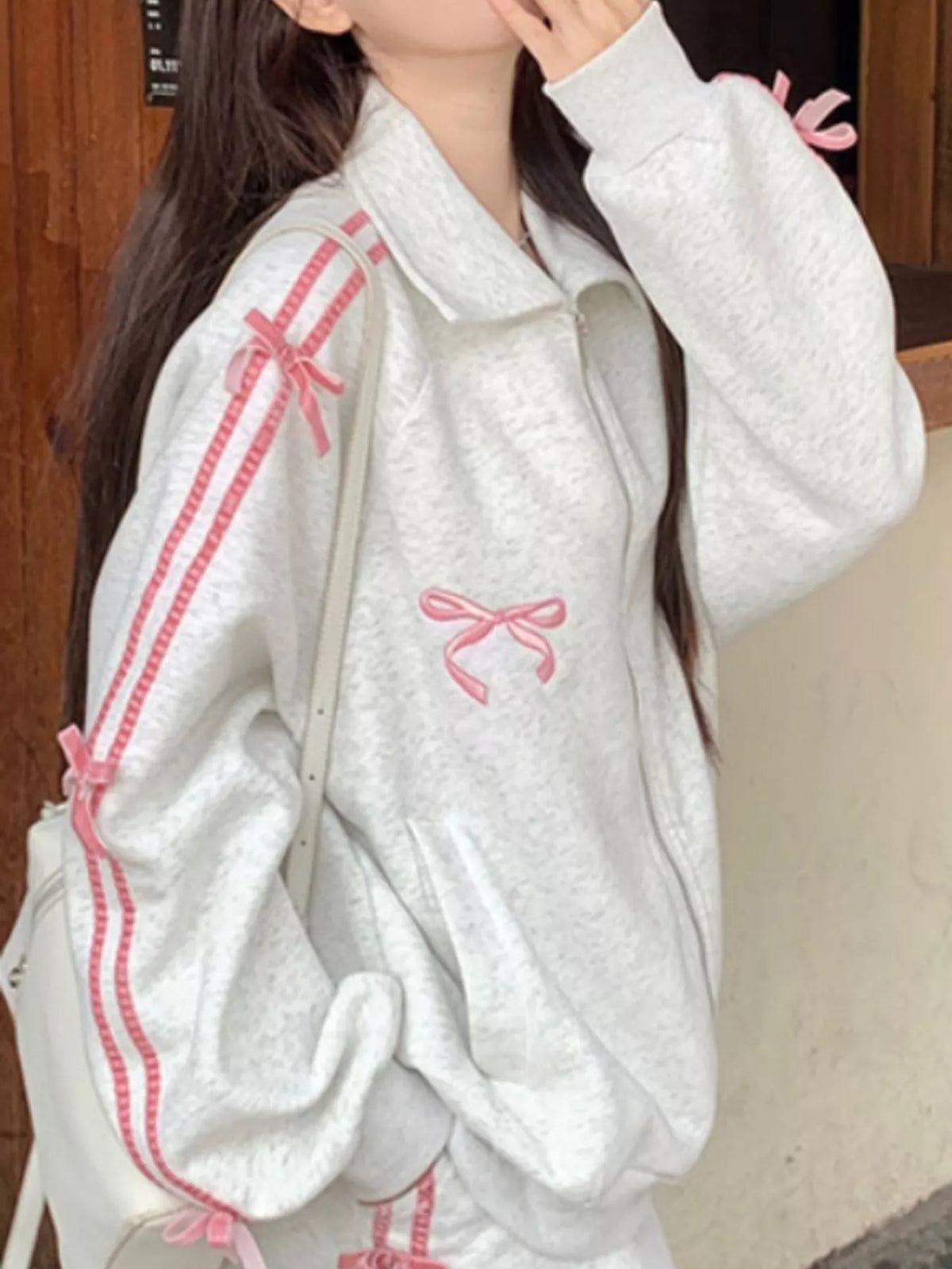 White Gray bow embroidered zip-up sweatshirt