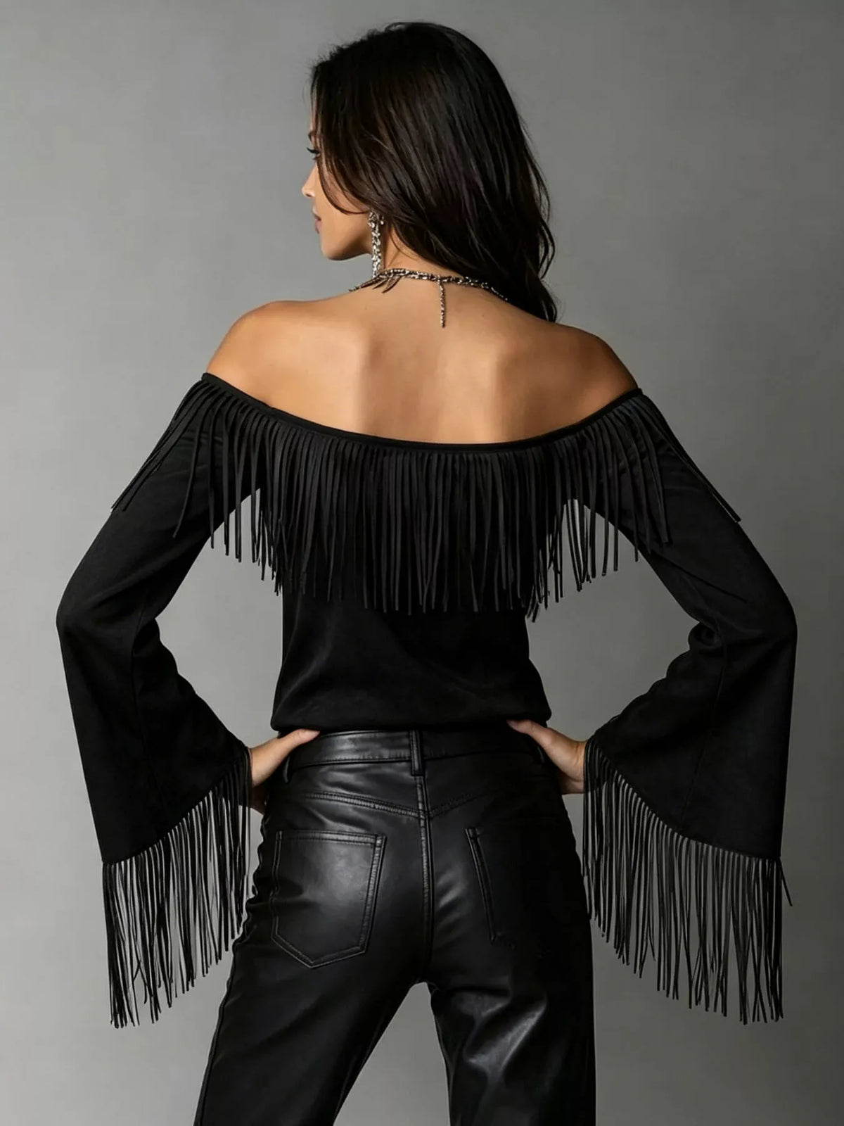 Fringed Off-Shoulder T-Shirt in black, back view