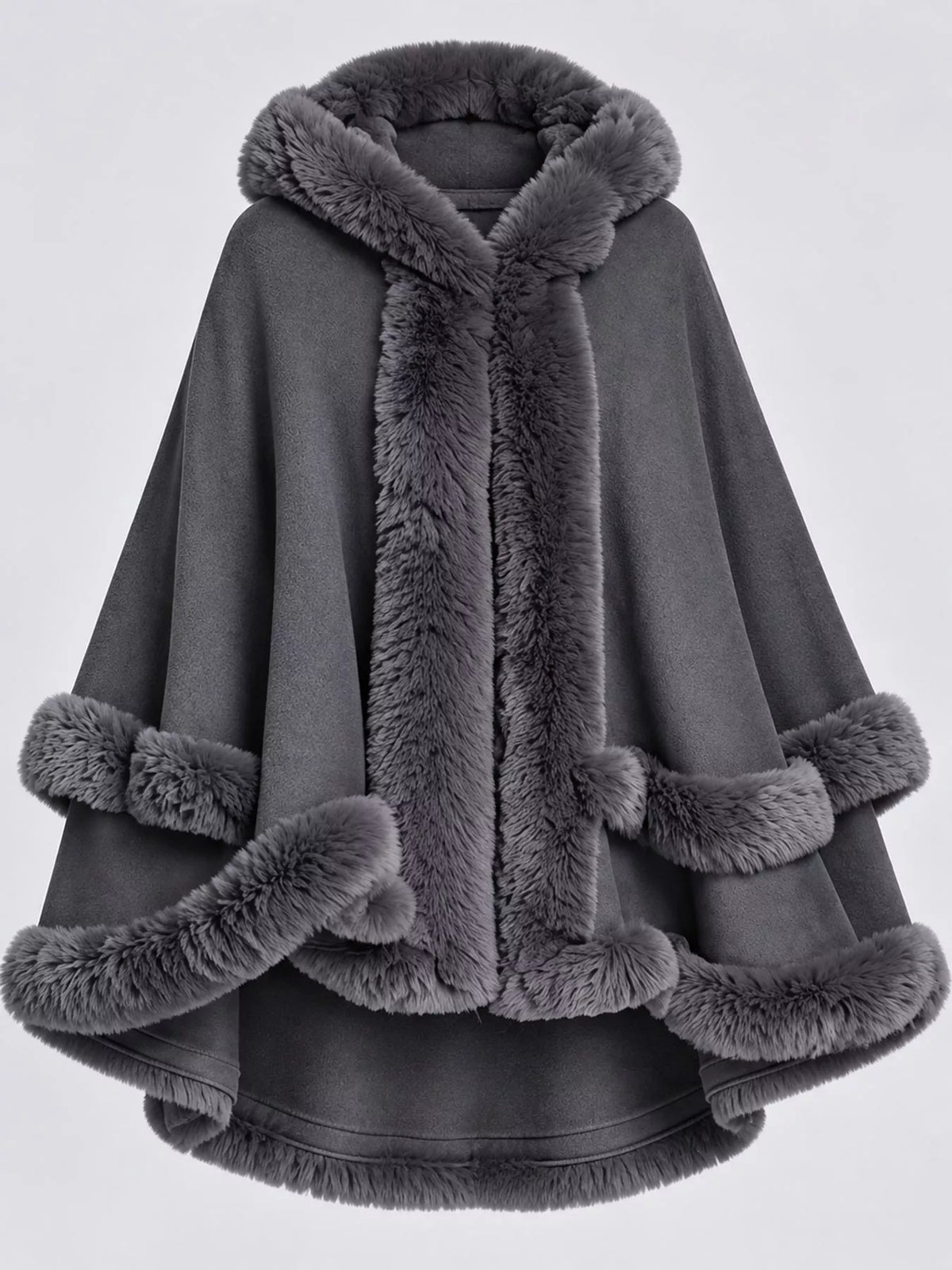 Faux-fur-trim cape, gray flat lay