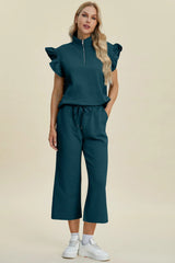 Trendsi Double Take Full Size Texture Ruffle Short Sleeve Top and Wide Leg Pants Set -