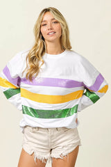 Trendsi BiBi Sequin Mardi Gras Striped Round Neck Sweatshirt -