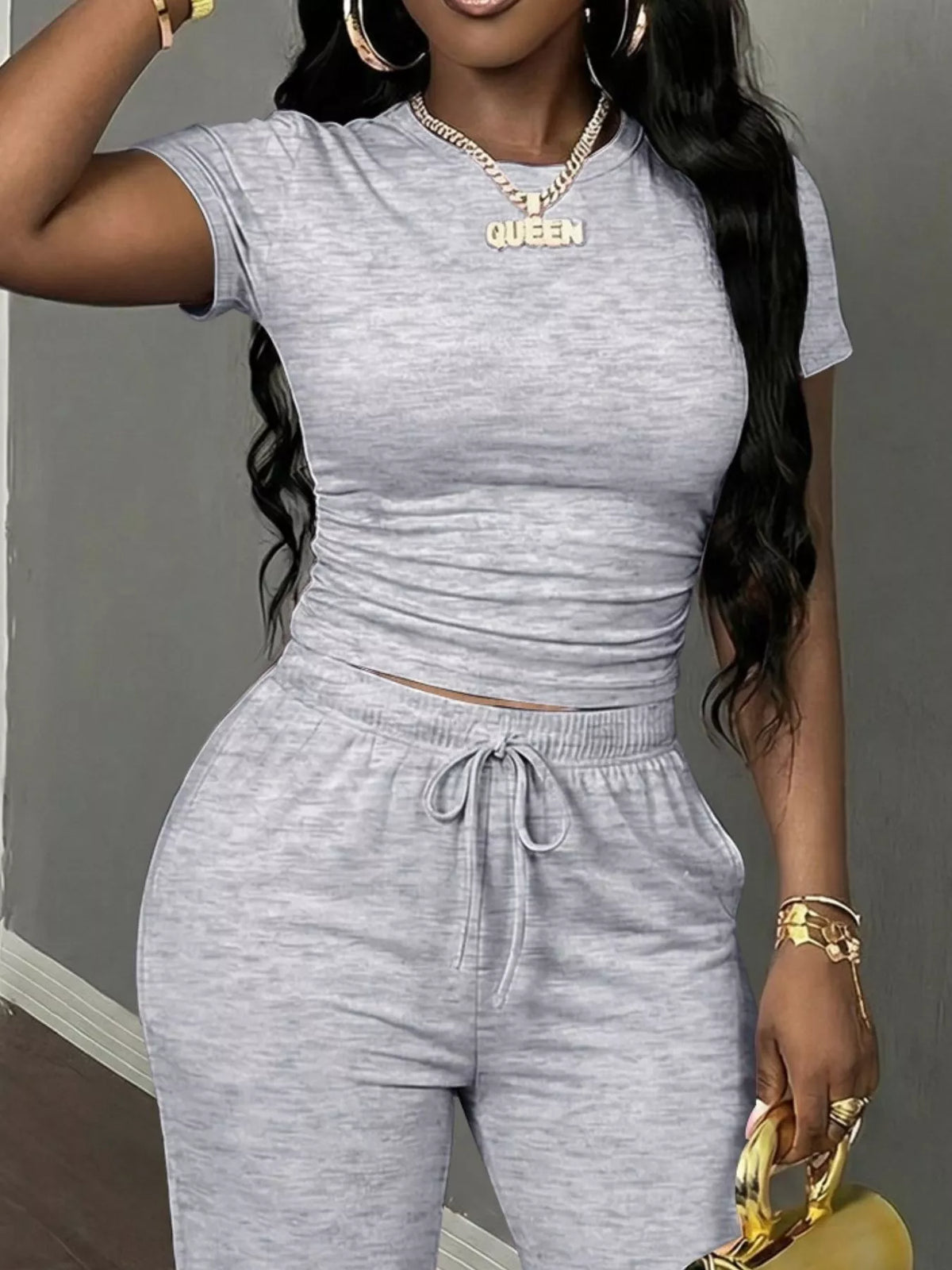 Light Gray Short Sleeve Top and Wide-Leg Pants Set, top detail