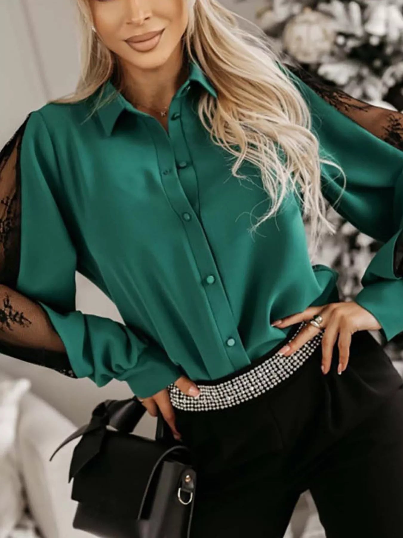 Trendsi Lace-Sleeve Button Up Shirt -