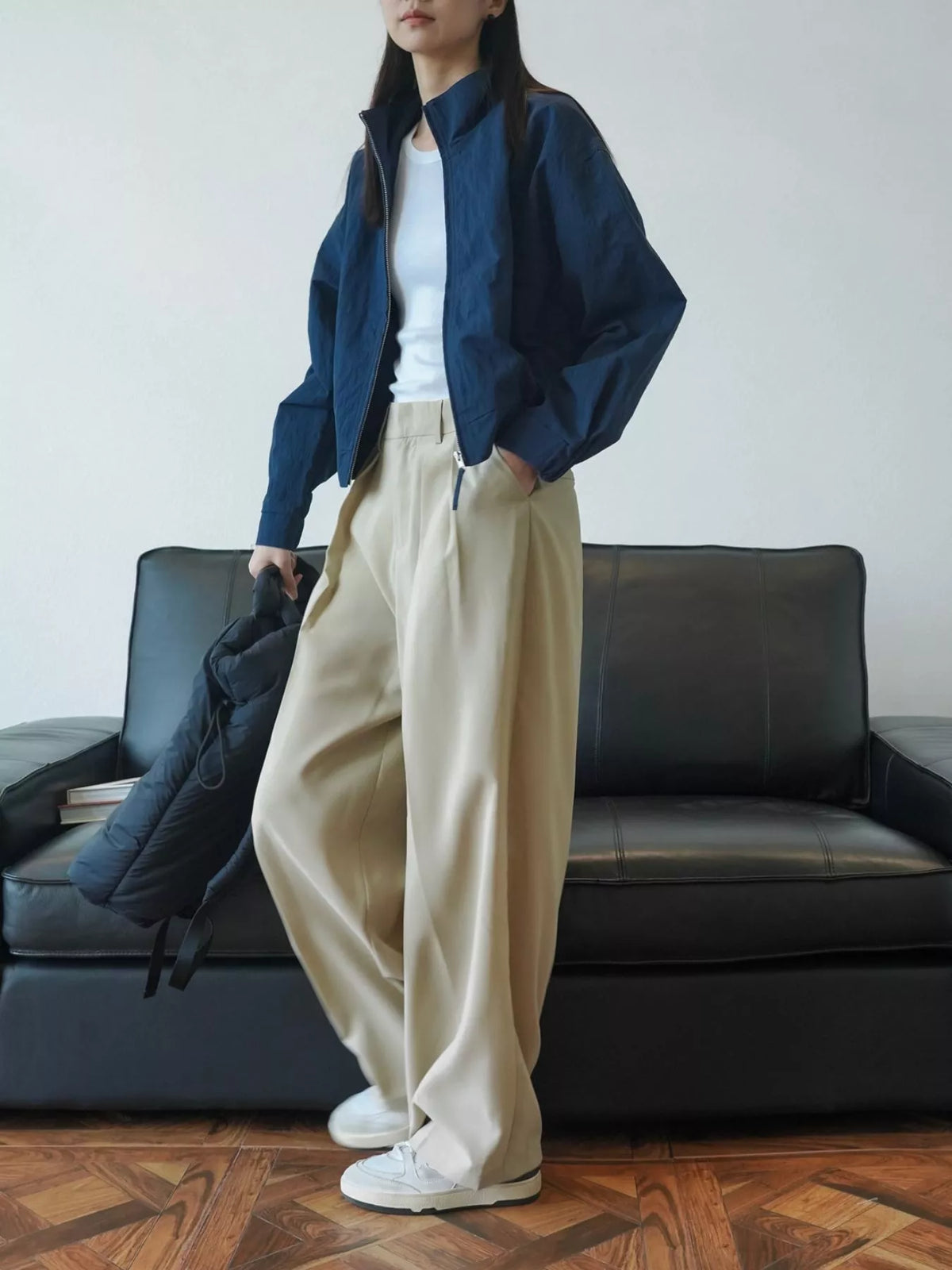 Women's High-Waisted Pleated Wide-Leg Pants in beige — front view