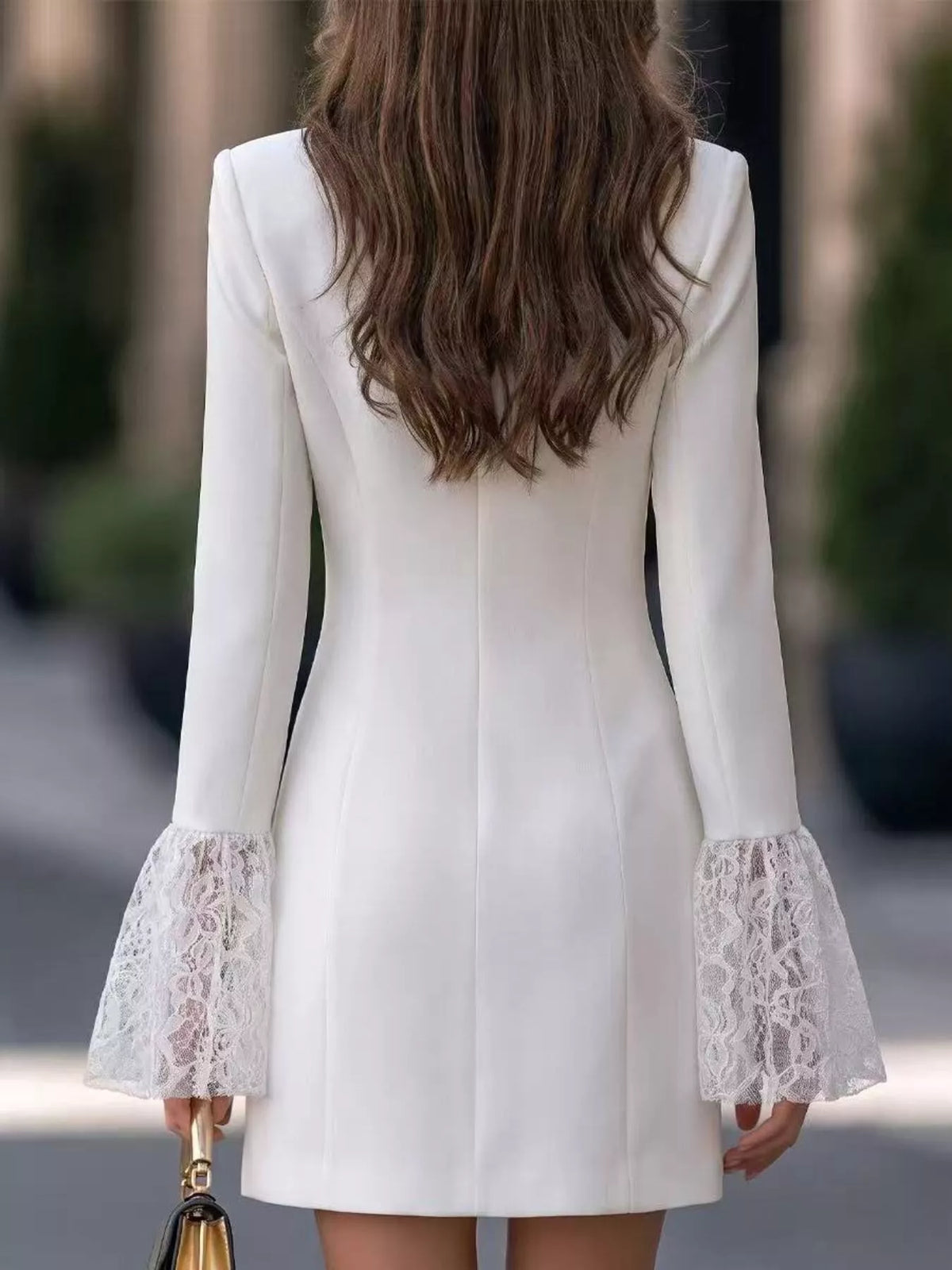 White double-breasted blazer dress with lace flare cuffs, back view