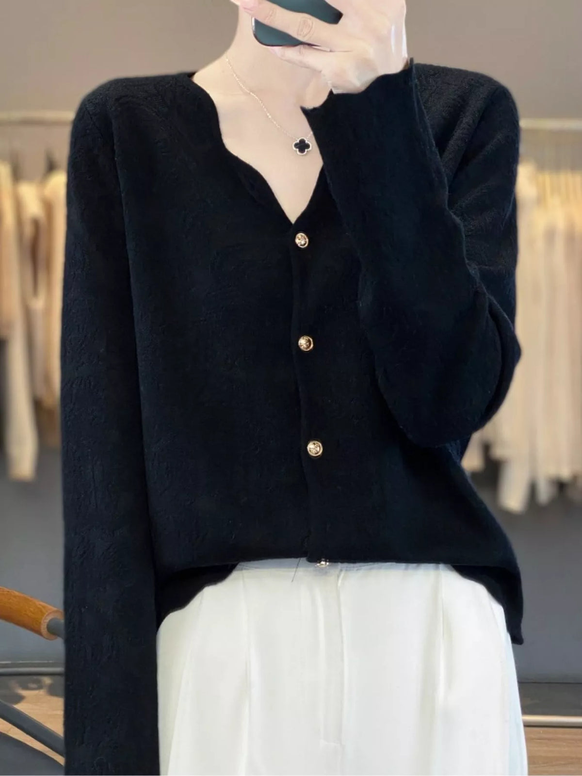 Lace-trim cardigan, black front
