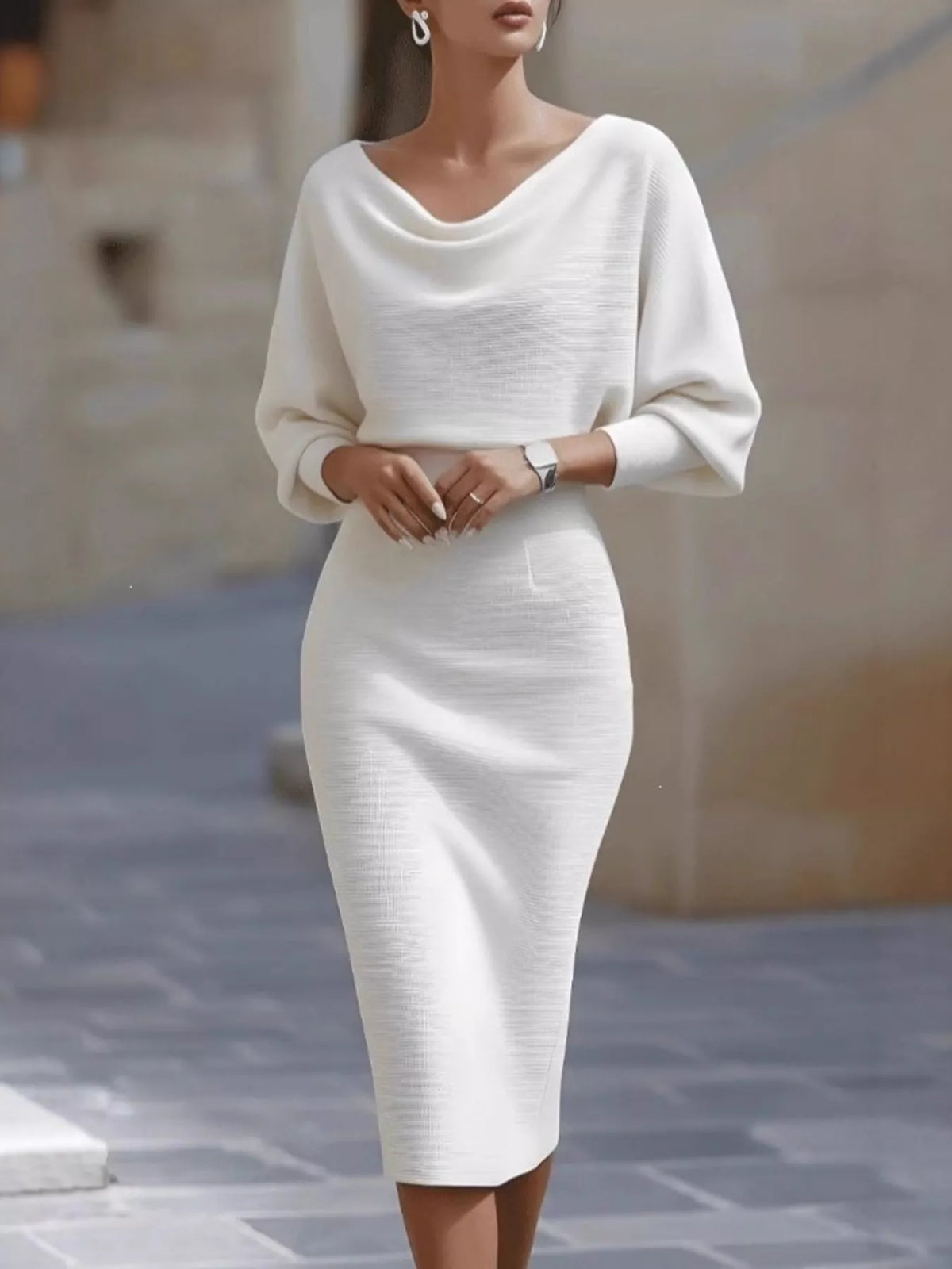 Cowl neck 3/4 sleeve knee dress, front view on model