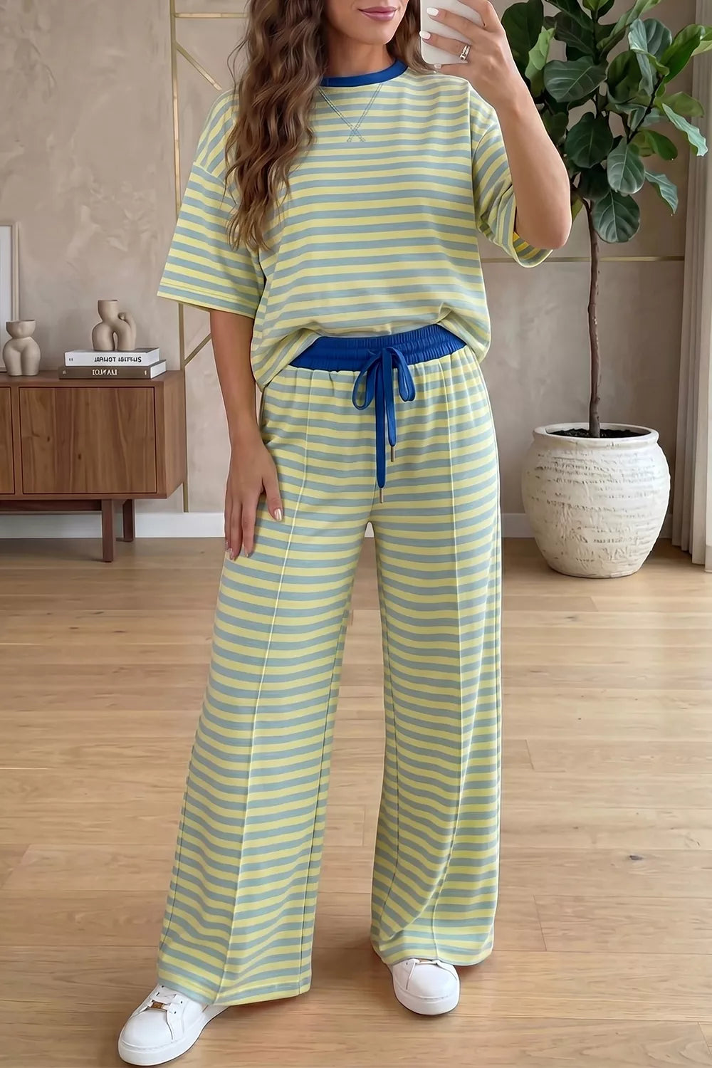 Trendsi Stripe Colorblock Trim Crew Neck Loose Tee Drawstring Elastic Waist 2pcs Pant Set -