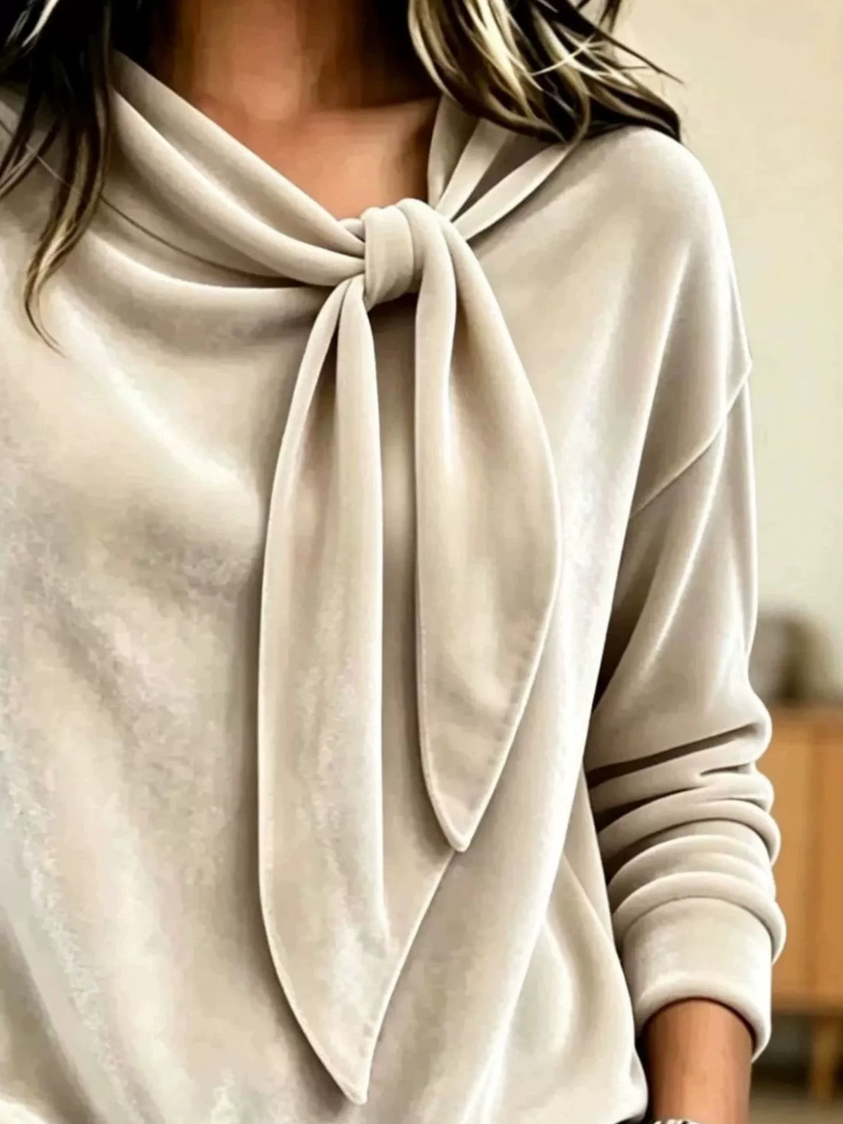 Women's Velvet Tie-Neck Long Sleeve Sweatshirt in cream — neckline detail view