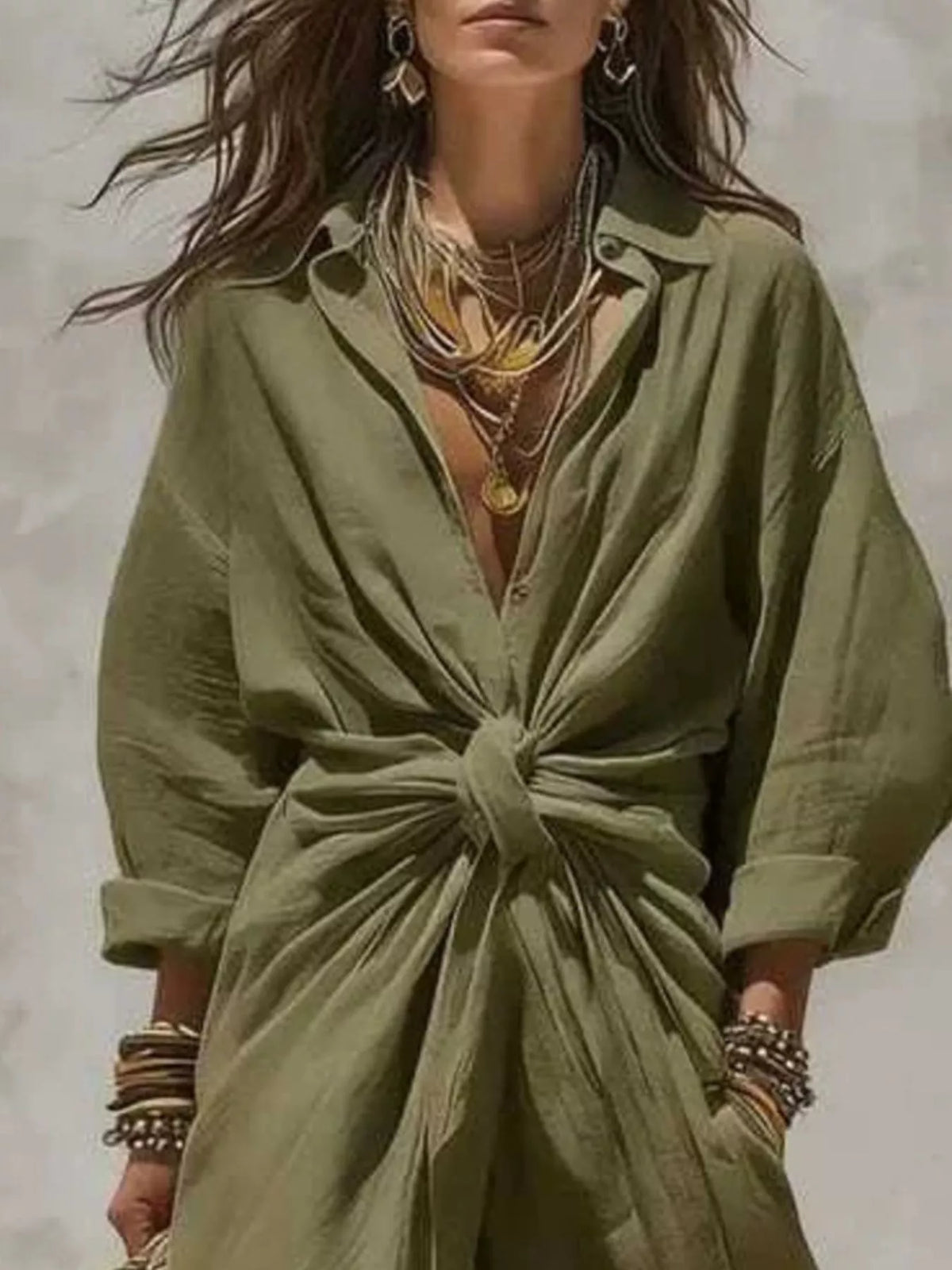 Trendsi Front-Tie Maxi Shirt Dress -