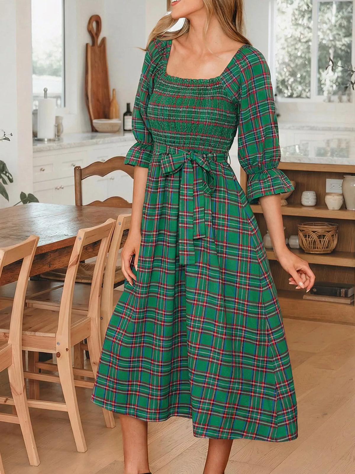 Dark Green plaid square neck puff sleeve tie-waist midi dress