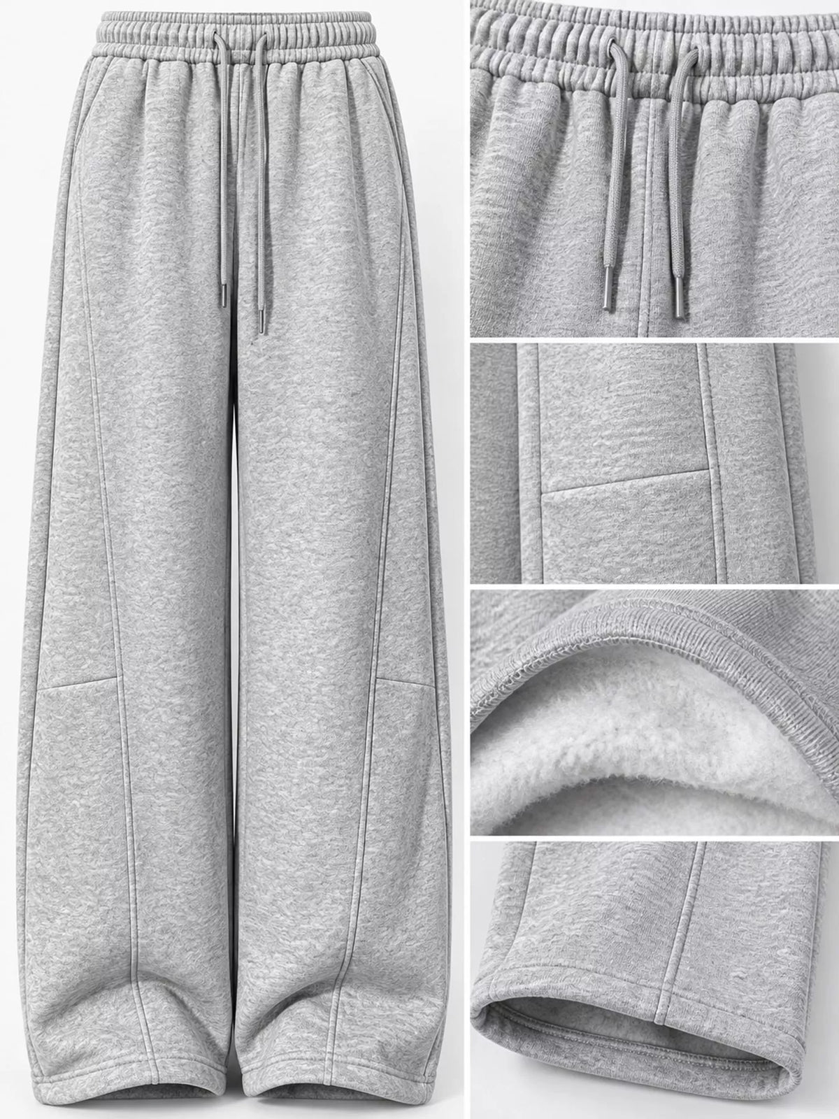 Gray wide leg drawstring sweatpants, detail view
