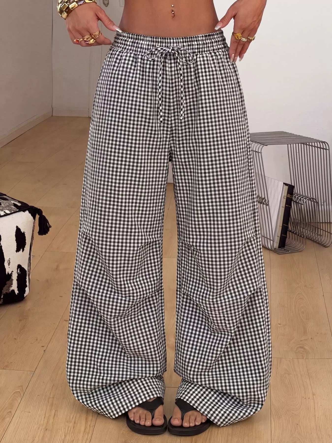 Trendsi High-Waisted Gingham Wide-Leg Drawstring Pants -