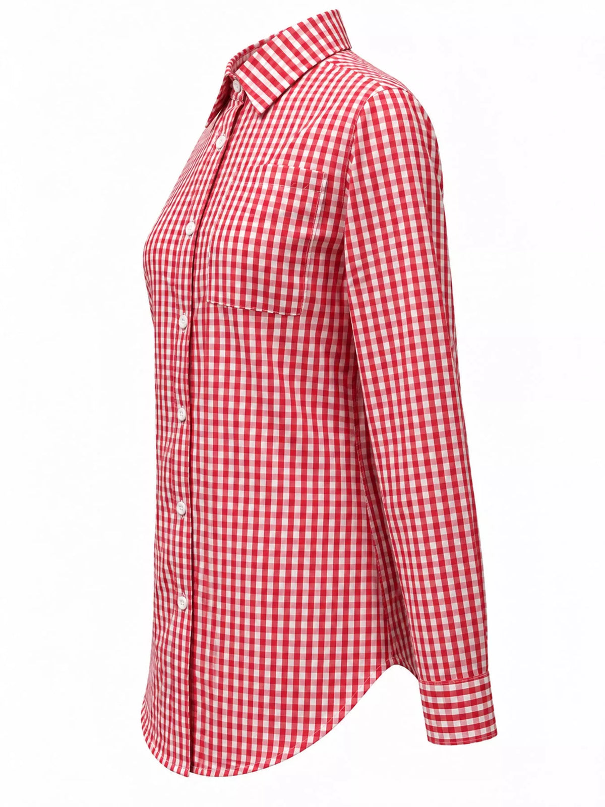 Red and white plaid button-down shirt, side view