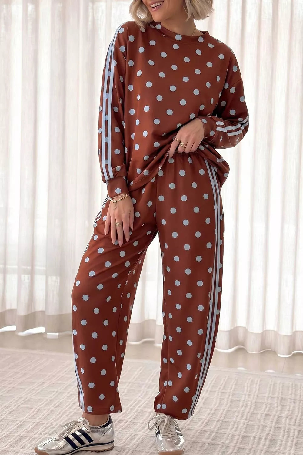 Brown polka dot side-stripe top and pants set