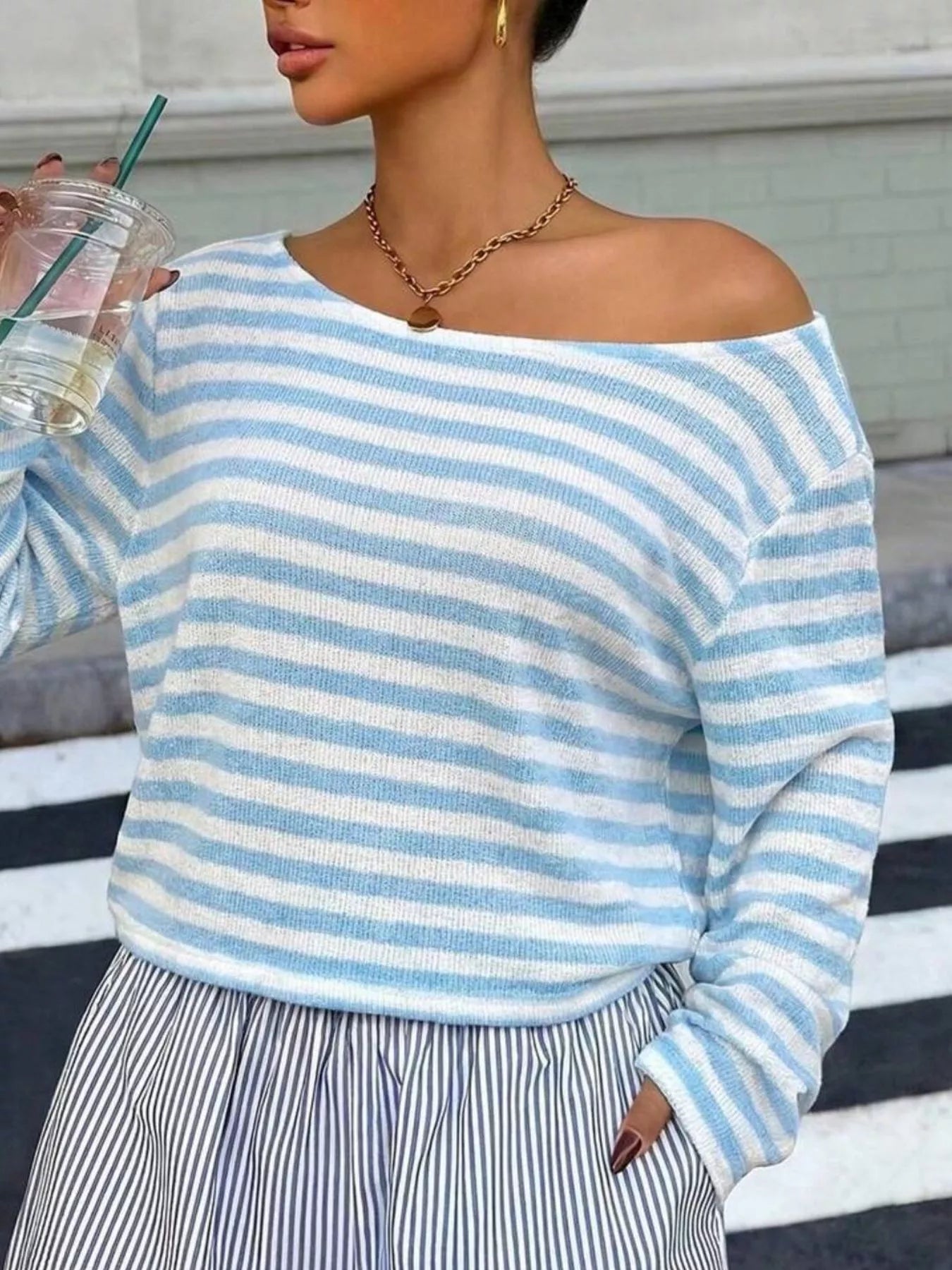 Trendsi Boat Neck Striped Long Sleeve T-Shirt -