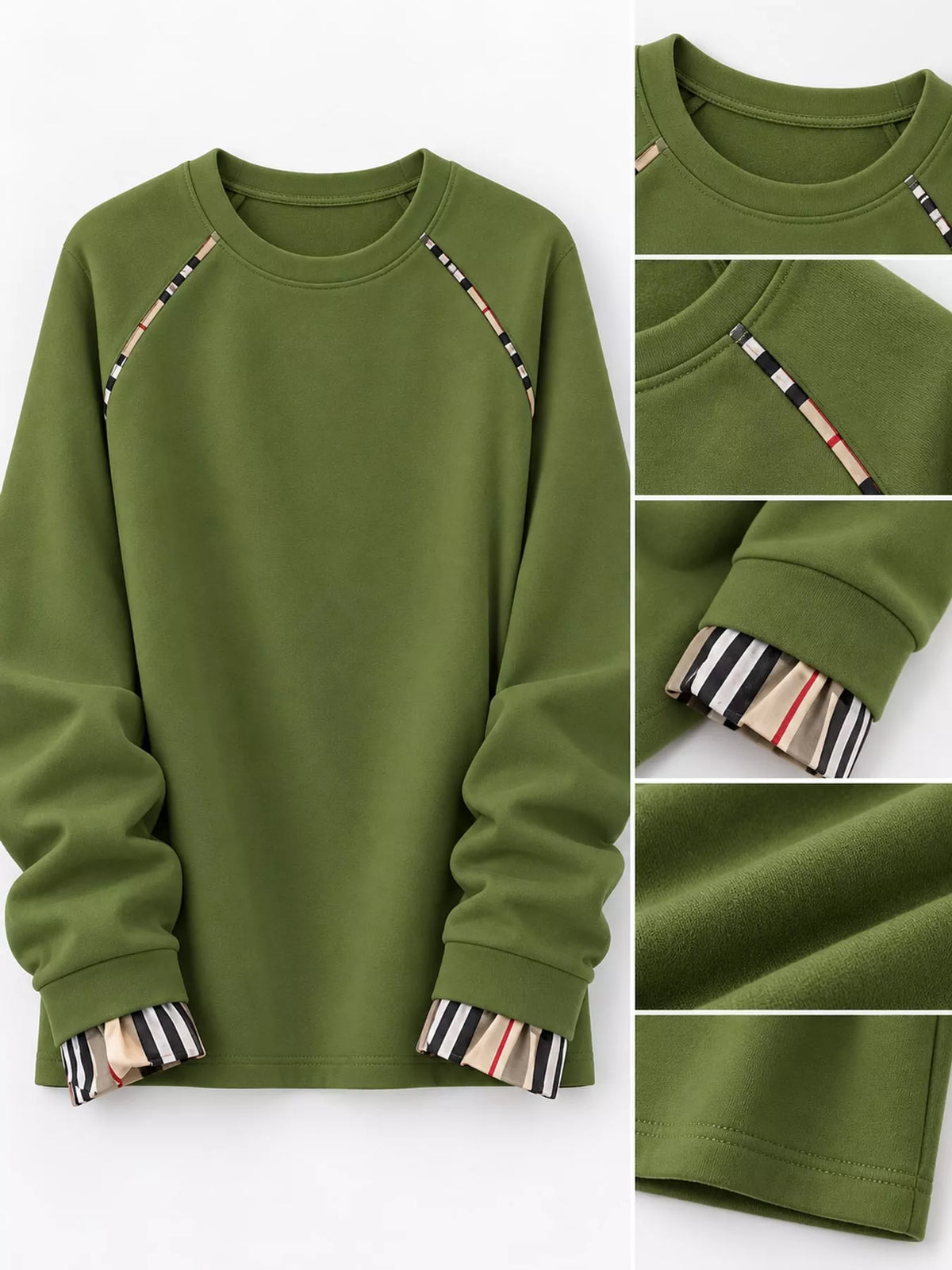 Plaid-trim sweatshirt, green detail collage