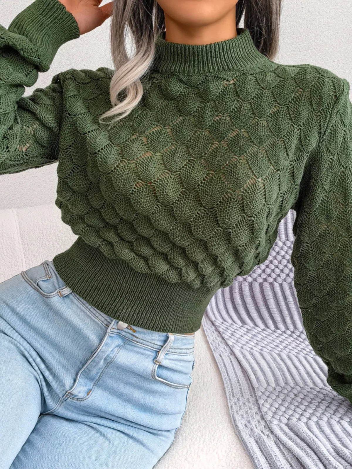 Mock Neck Textured Cropped Sweater in green, front view