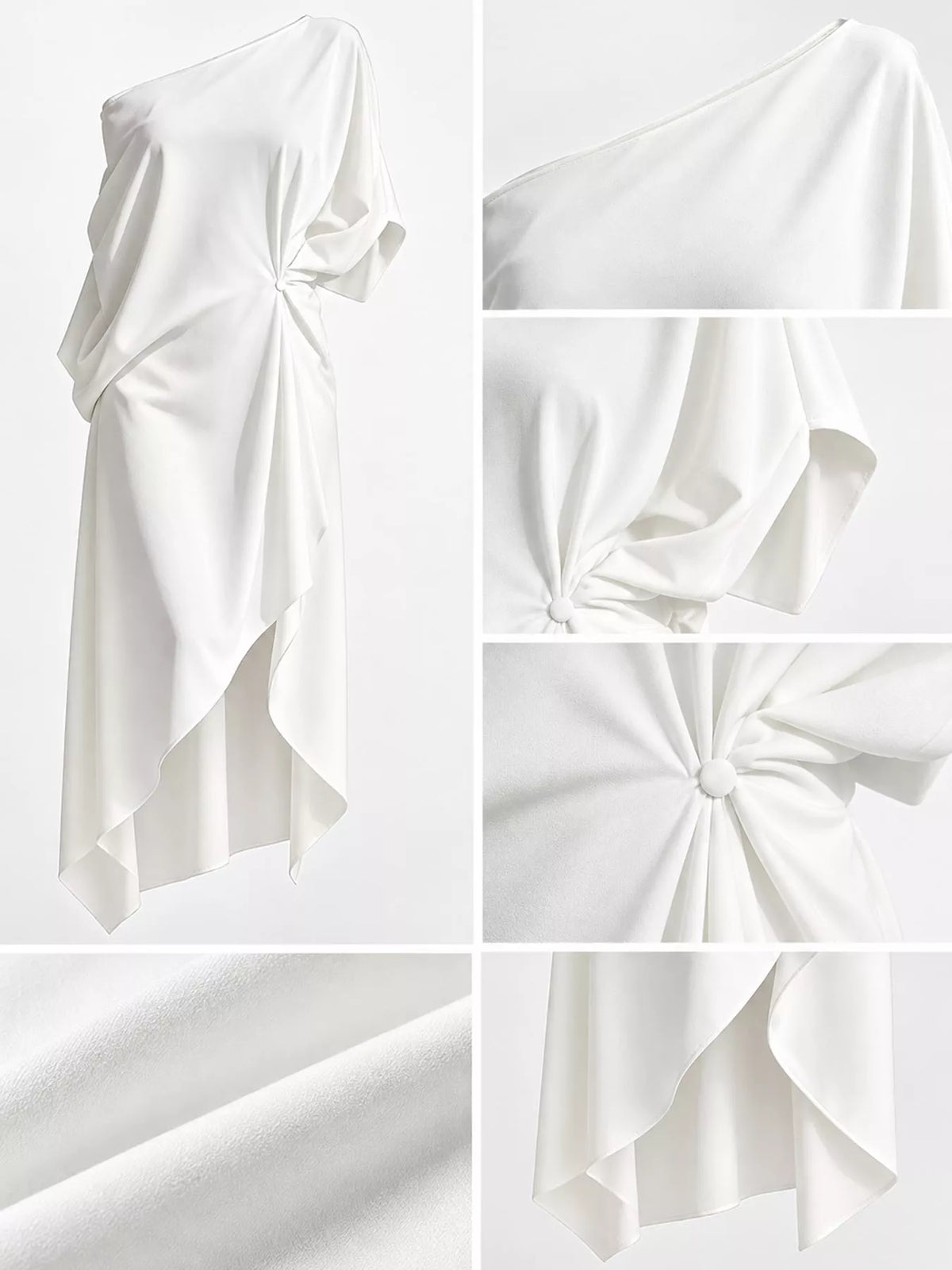 One-shoulder dress, white ruched hem detail