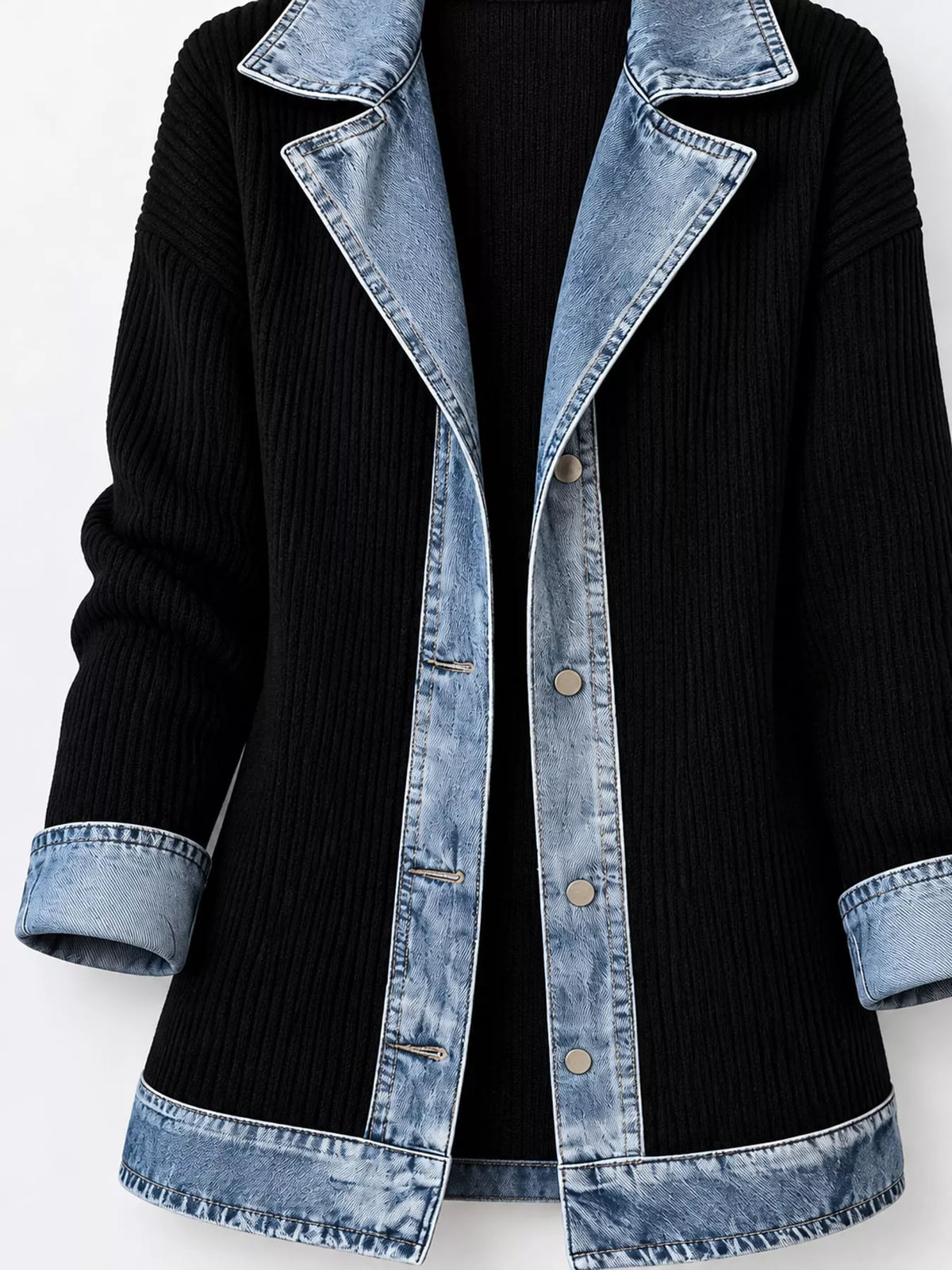 Black denim trim ribbed knit cardigan, denim-trim lapels, button front, cuffs, and hem