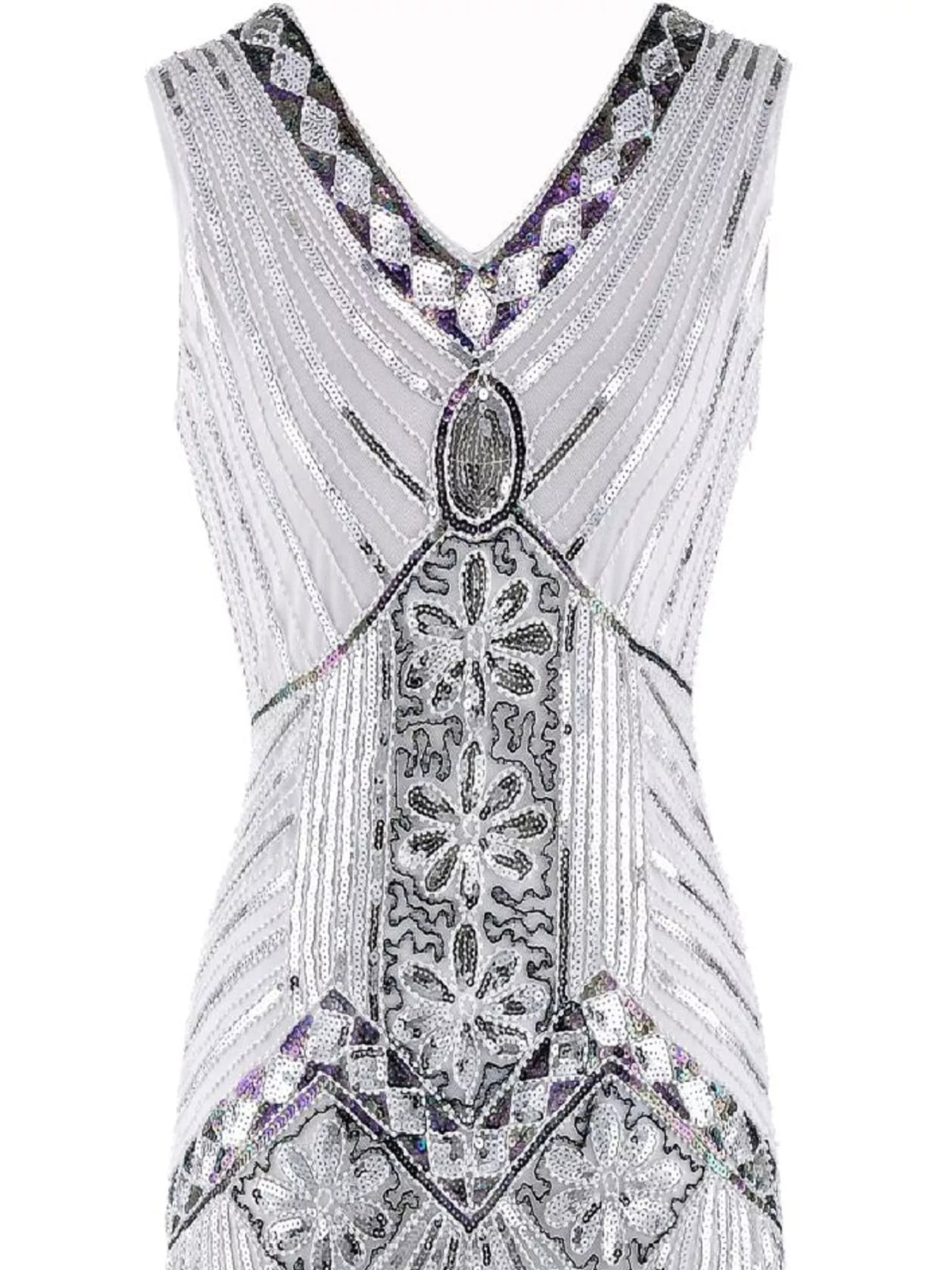 White sequin fringe-hem dress, bodice detail