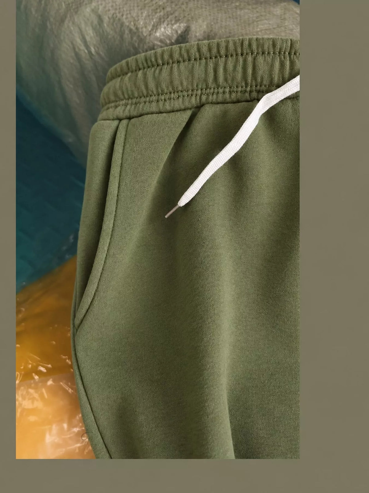 Olive wide-leg pants with drawstring, detail view