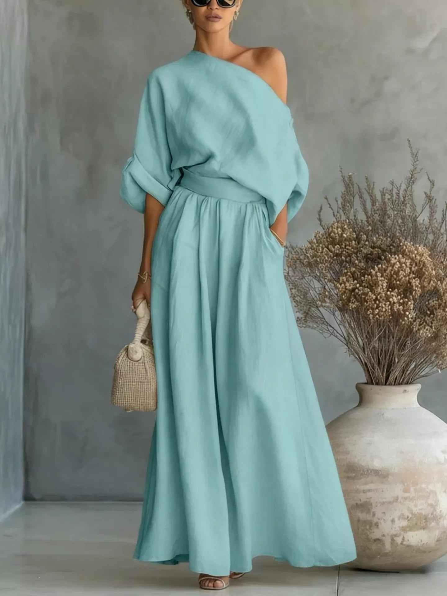 Trendsi Full Size One Shoulder Top and Wide Leg Pants Set Plus Size -