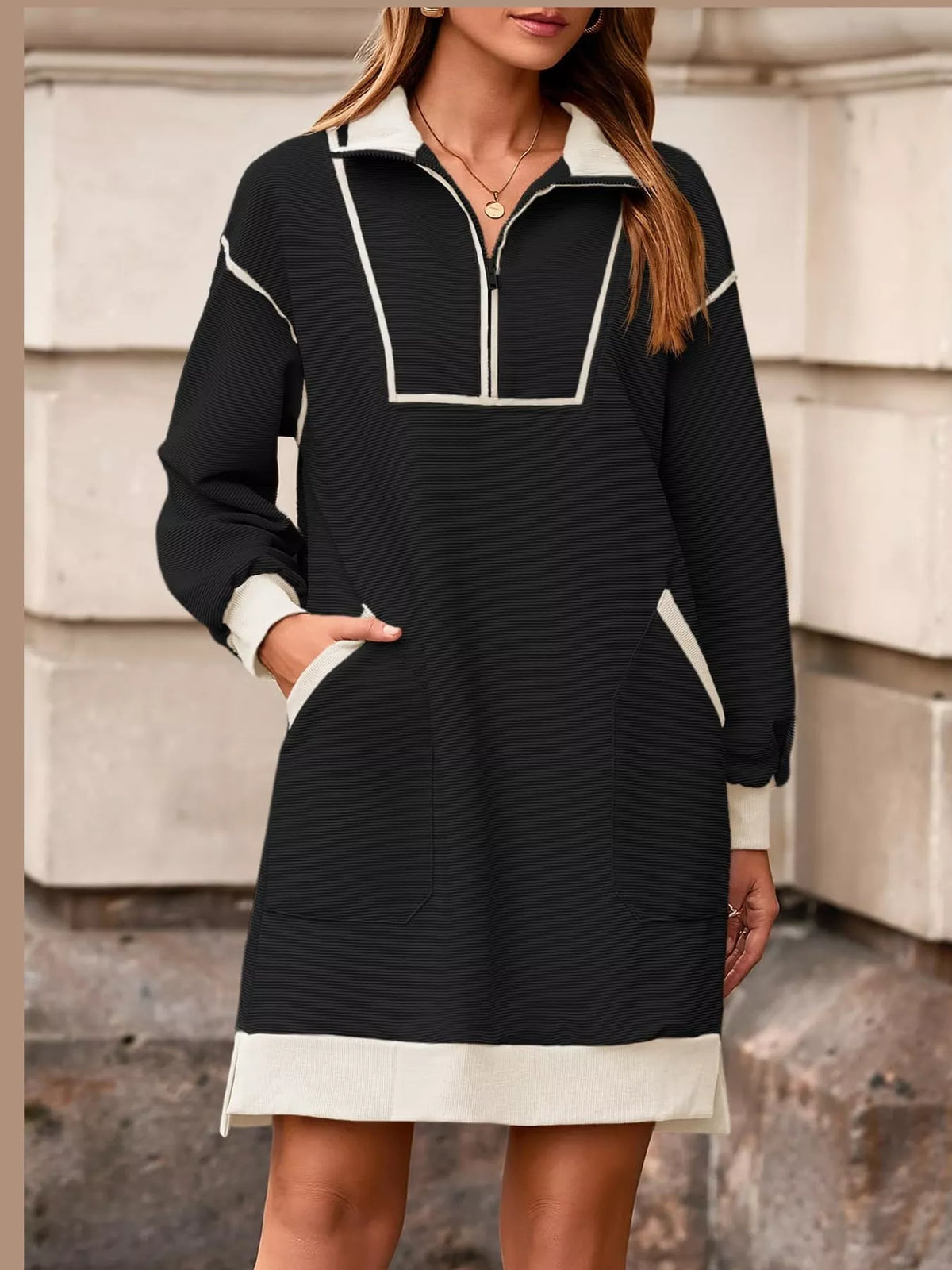 Black color block quarter-zip sweatshirt dress — front view