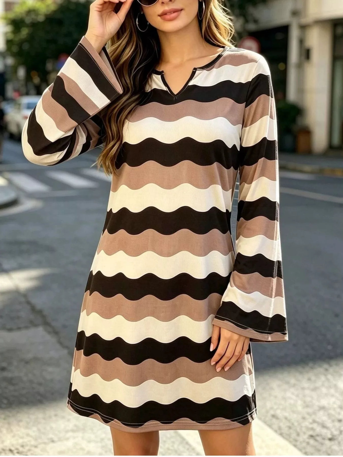 Split neck long sleeve mini dress, front view on model