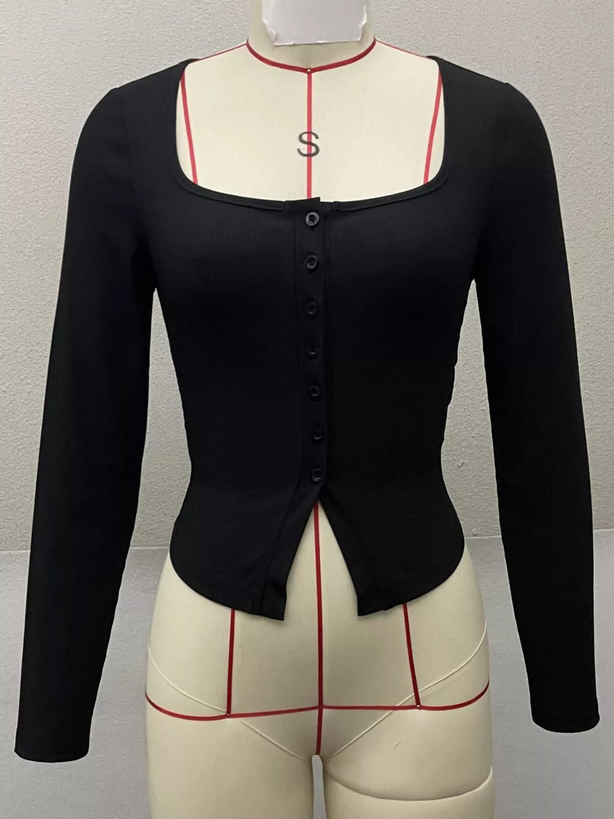 Black slit square neck long sleeve t-shirt
