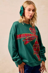 Trendsi BiBi Plaid Ribbon Bow Detail Christmas Fleece Pullover -