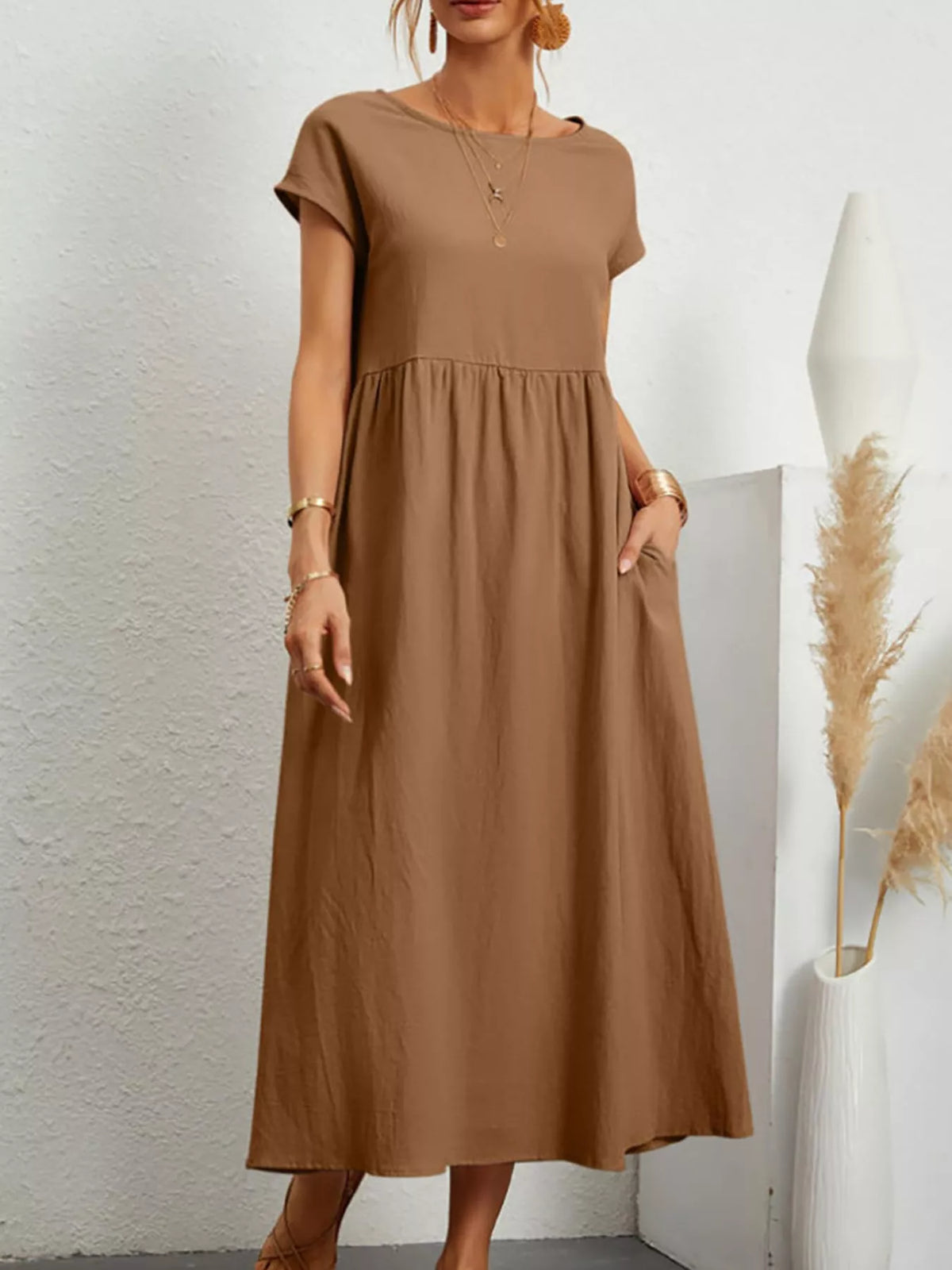Round neck short sleeve midi dress, front view on model