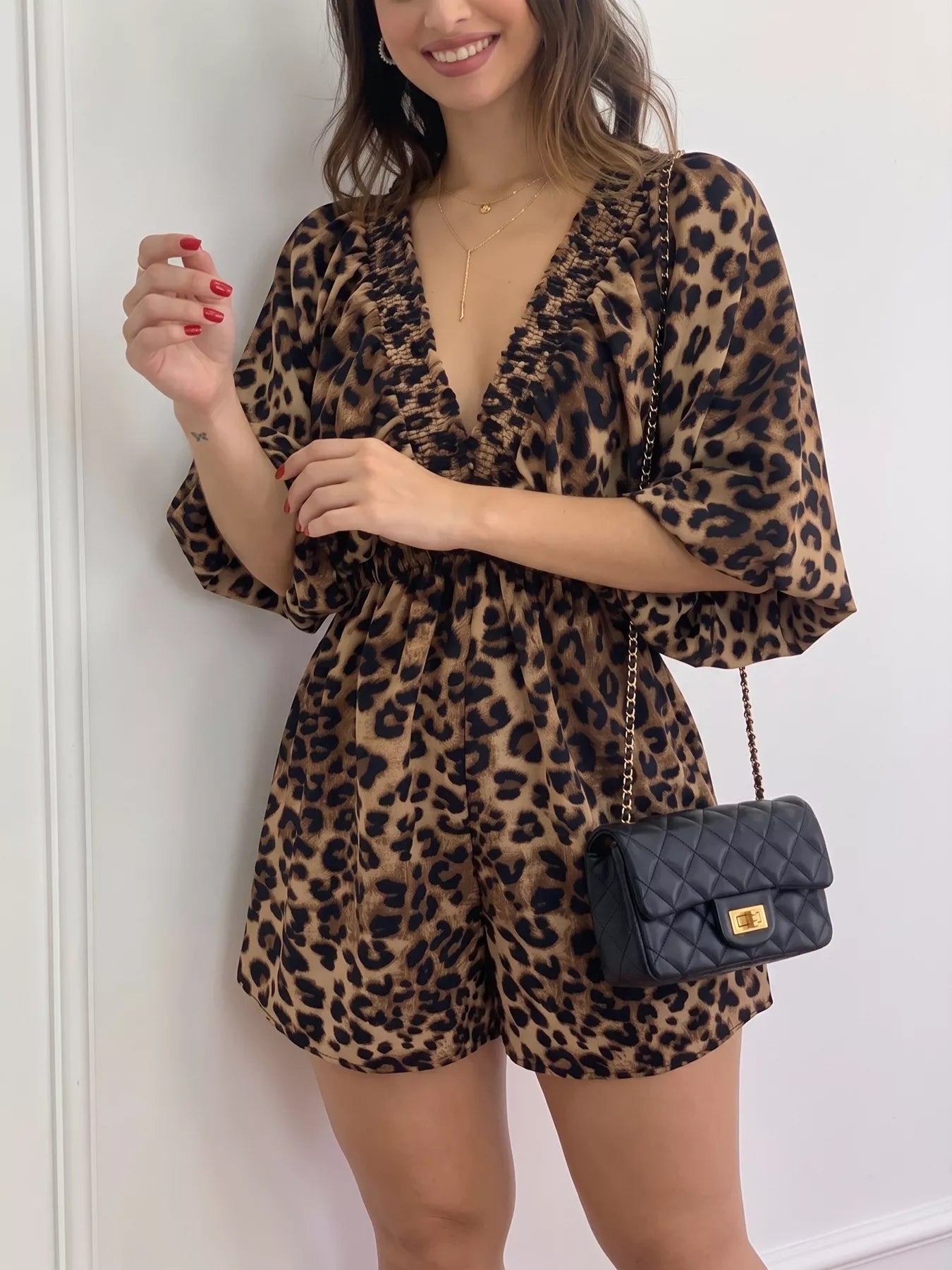 Trendsi V-Neck Leopard Print Puff Sleeve Romper -