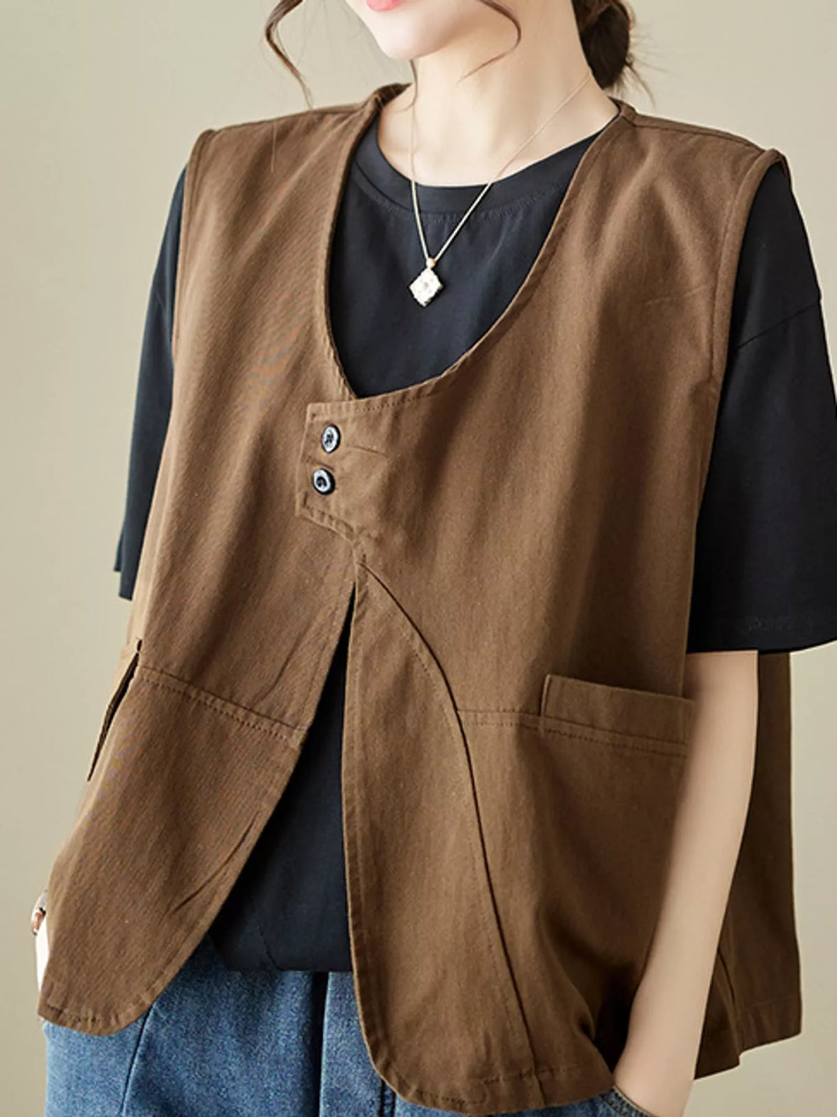 Asymmetric Button Closure Utility Vest Coat, detail view in brown