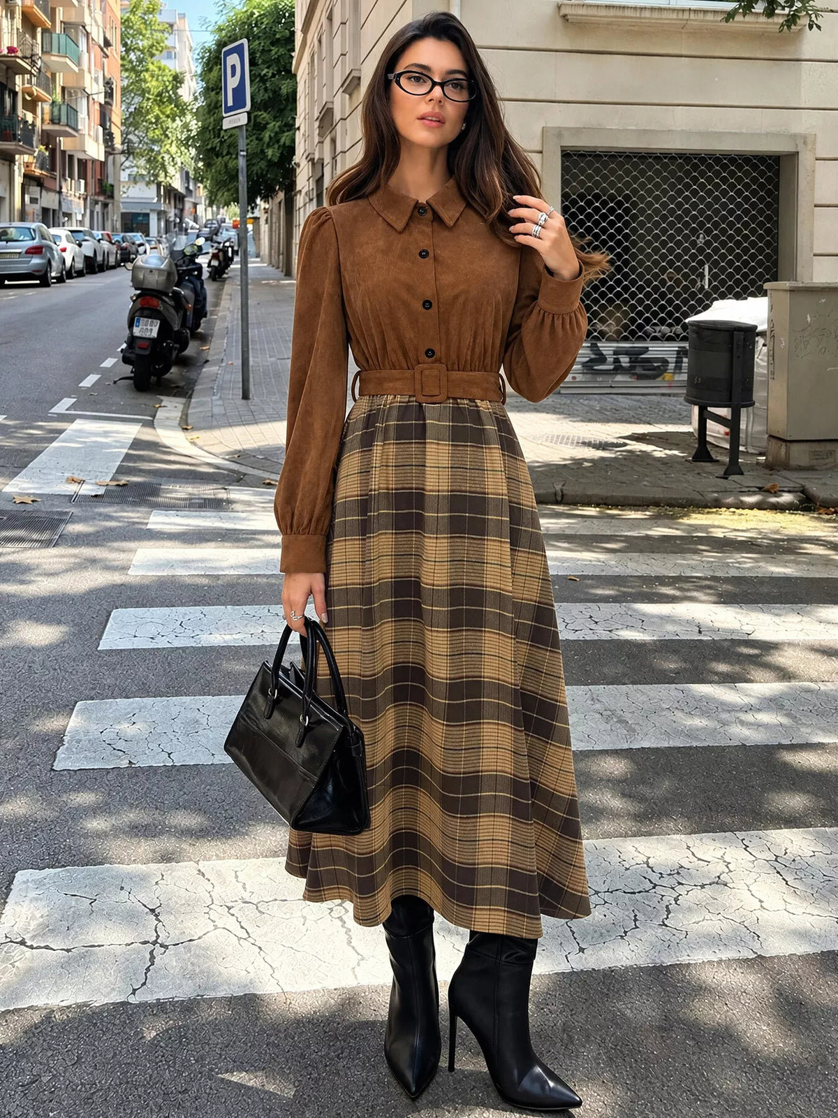 Corduroy Patchwork Plaid Midi Dress — front view