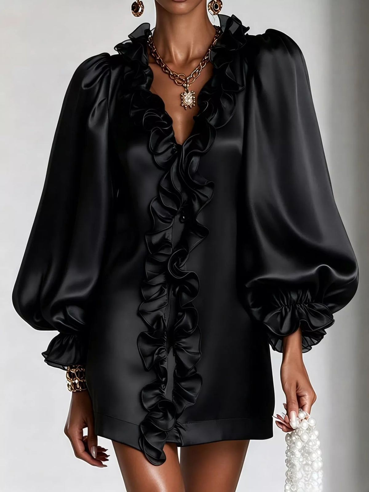 Ruffle Trim Puff Sleeve Mini Dress in black, front view