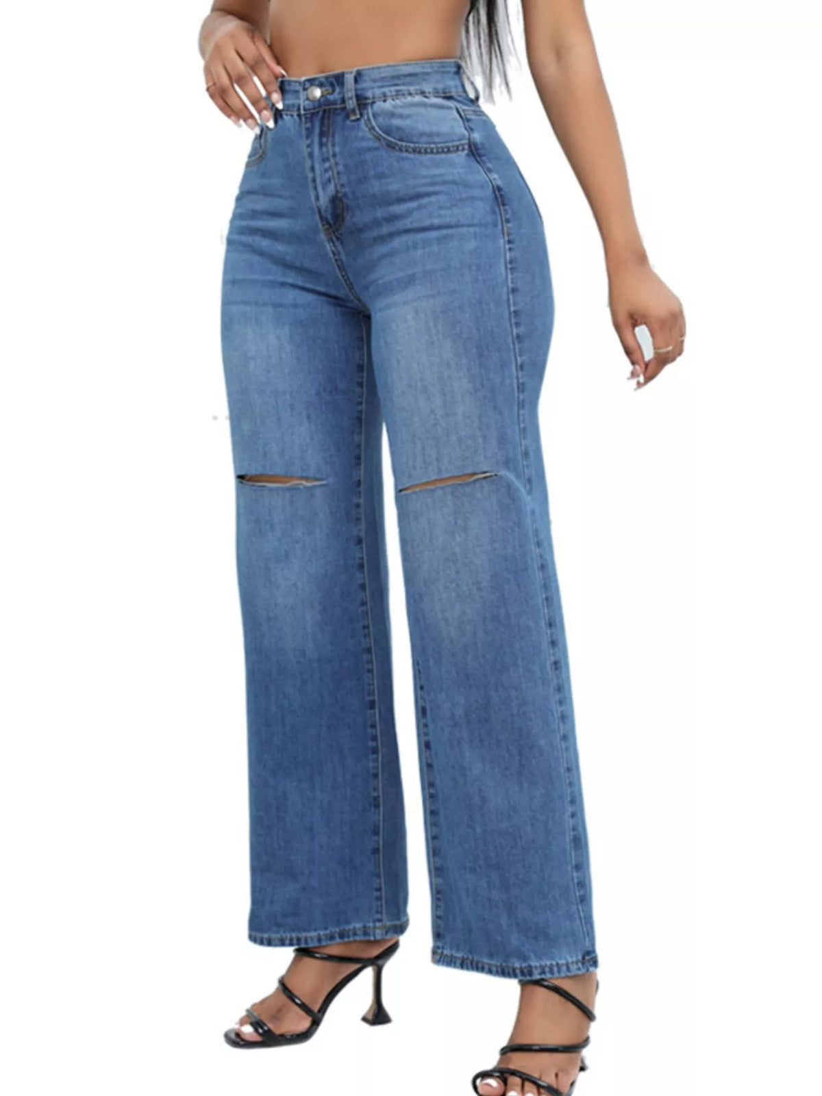 Knee-Ripped Wide-Leg Jeans in blue, front view