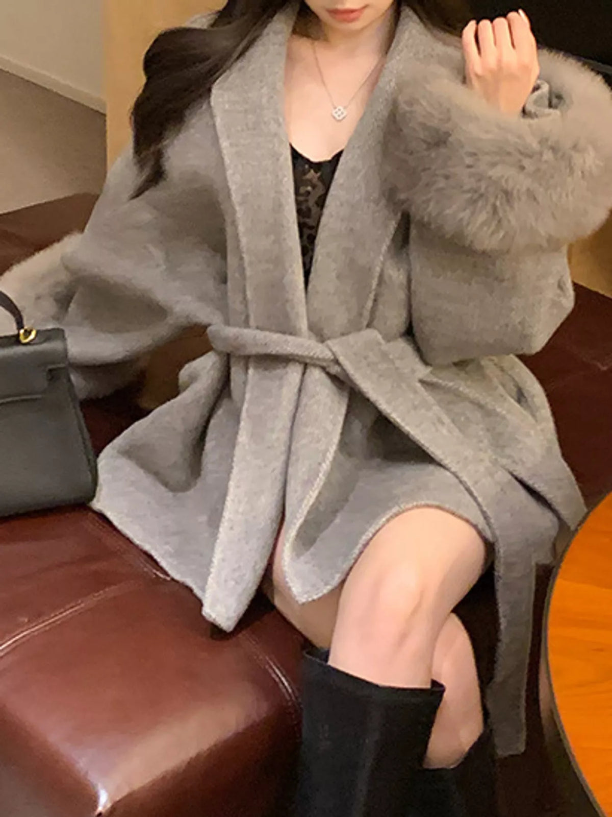 Taupe tie-waist coat with faux fur cuffs — front view