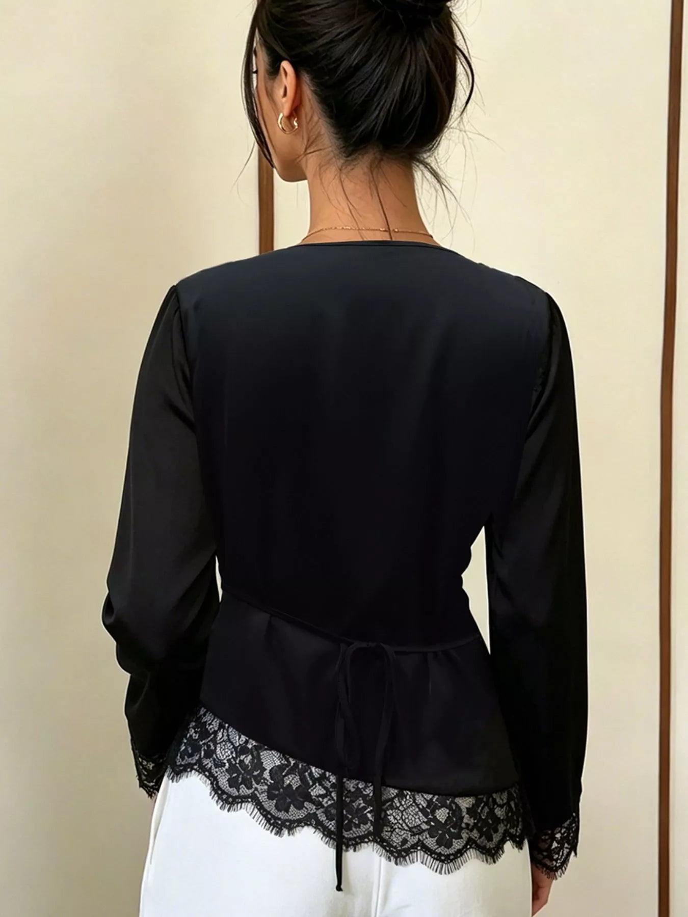 Trendsi Lace Trim Cowl Neck Blouse -