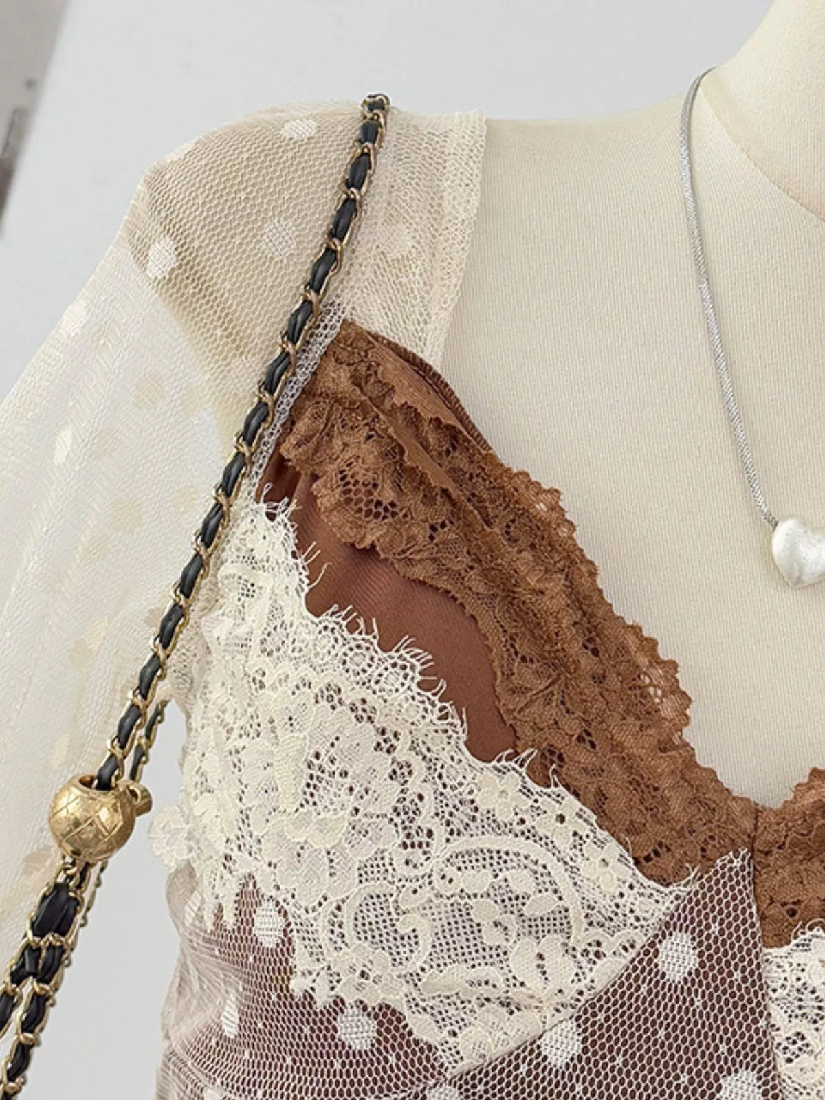 Vintage Lace Contrast Blouse with Polka Dot Mesh Sleeves, detail view in brown and cream