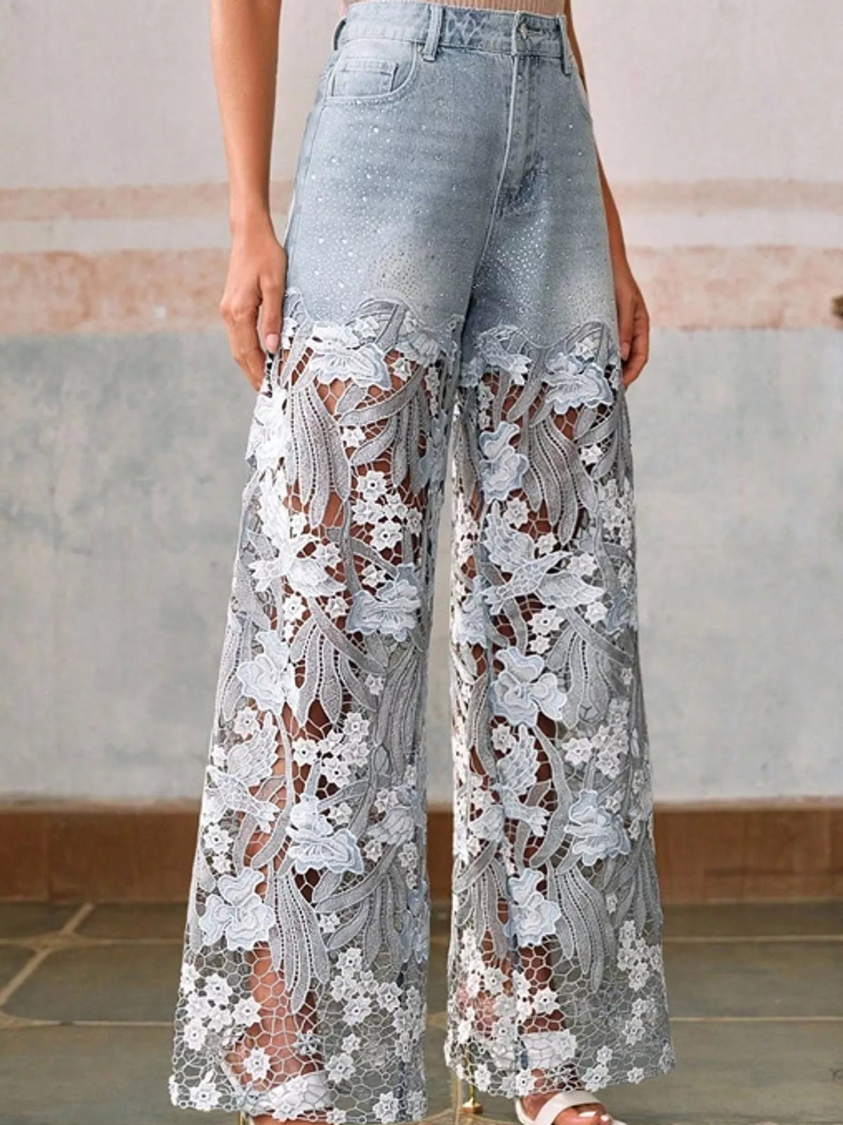 Light blue and white floral lace wide-leg jeans