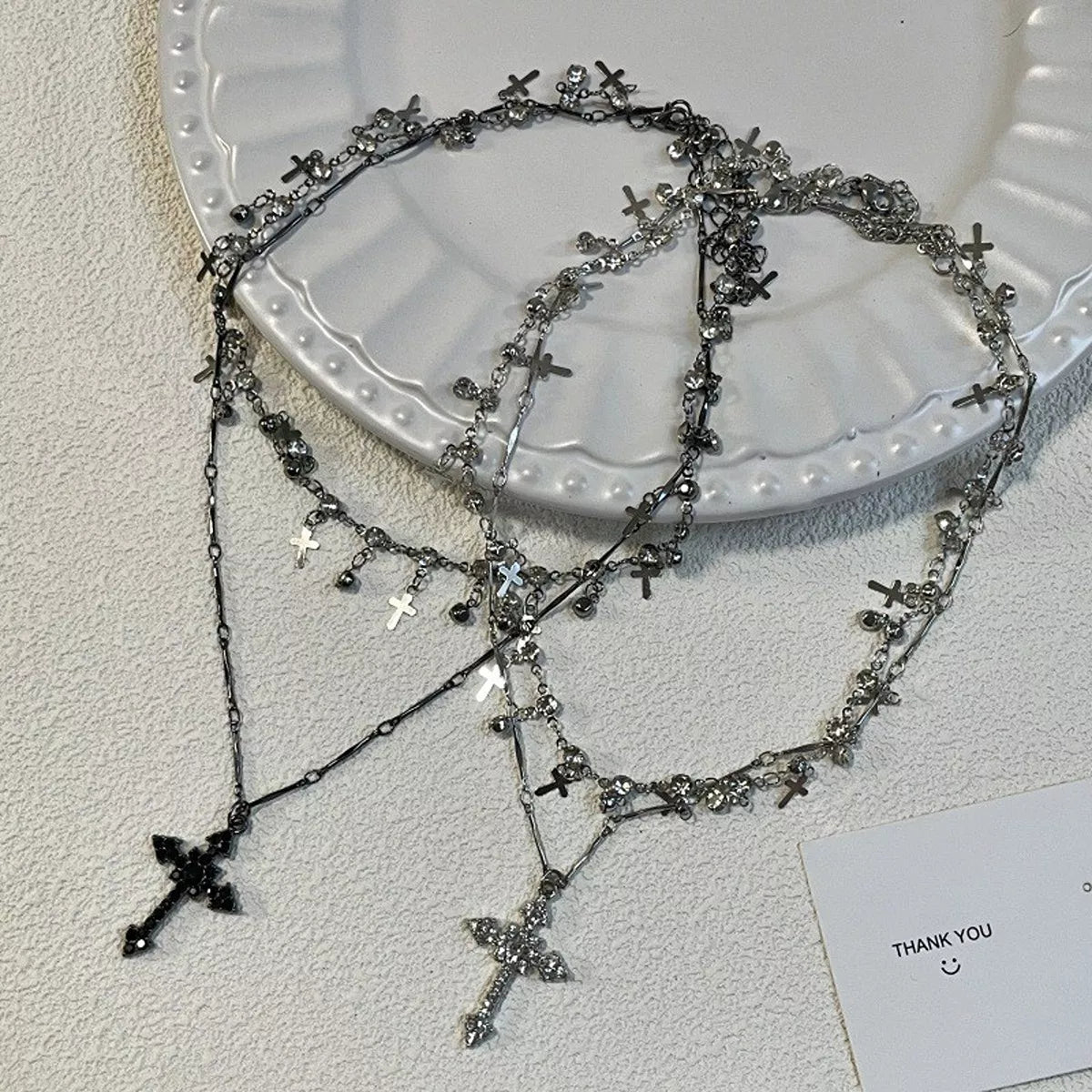 Silver-tone double-layer cross pendant necklace